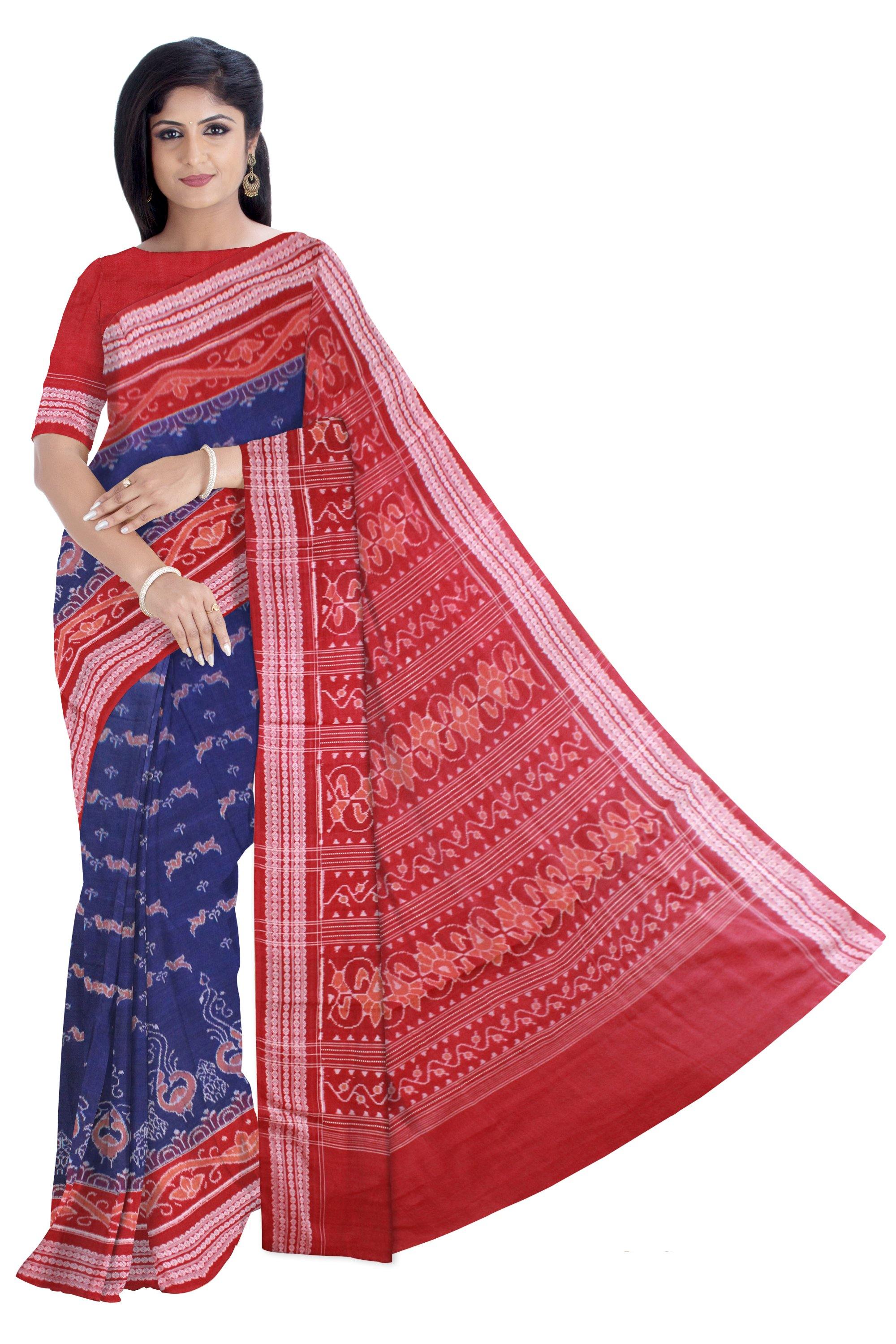 Blue Color Birds print Cotton Ikat saree, Available with blouse piece. - Koshali Arts & Crafts Enterprise