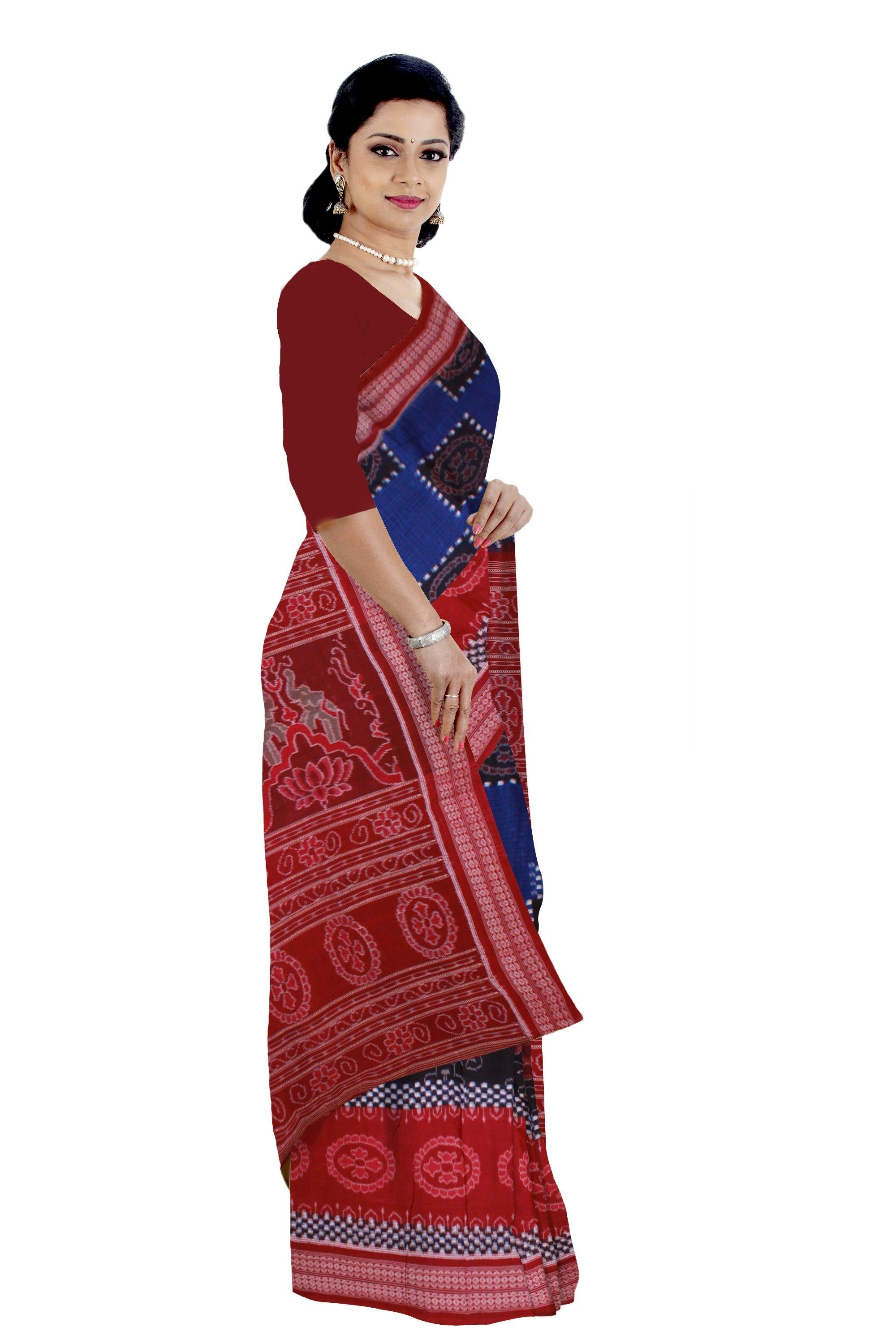 Sambalpuri Pasapali ikat saree in blue, black and red color. Without blouse piece - Koshali Arts & Crafts Enterprise