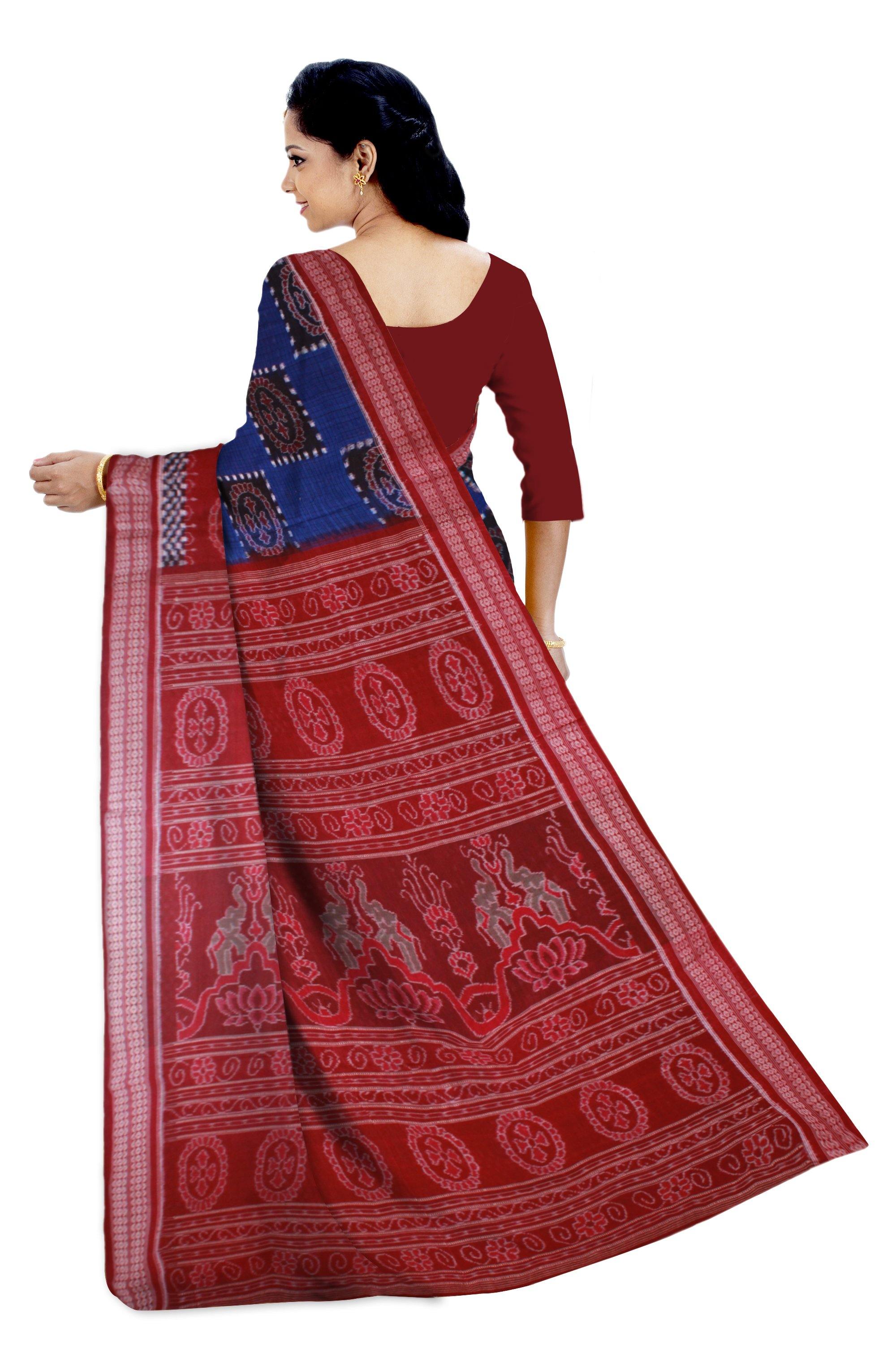 Sambalpuri Pasapali ikat saree in blue, black and red color. Without blouse piece - Koshali Arts & Crafts Enterprise