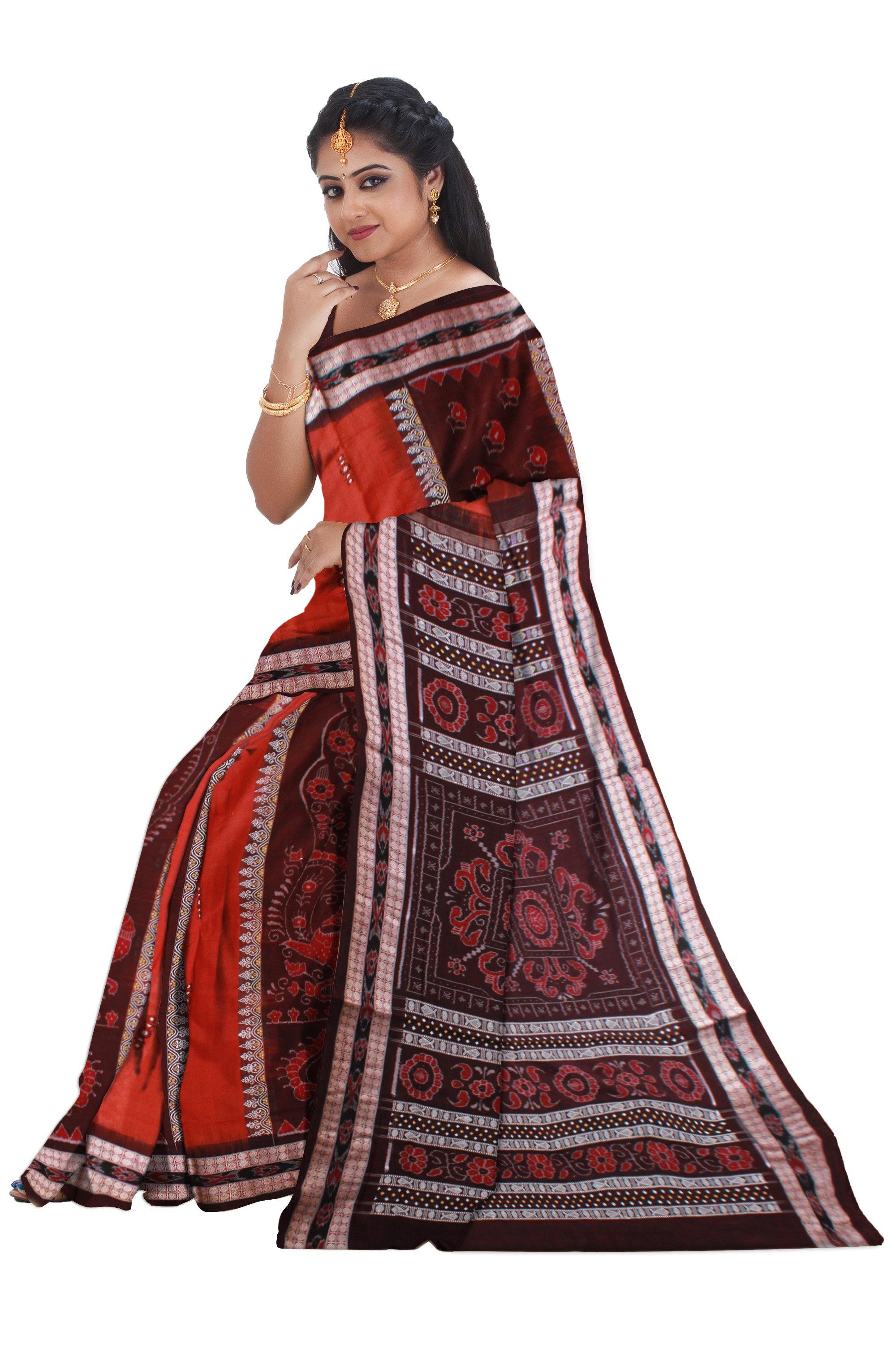 Maroon color Peacock print cotton saree with blouse piece - Koshali Arts & Crafts Enterprise