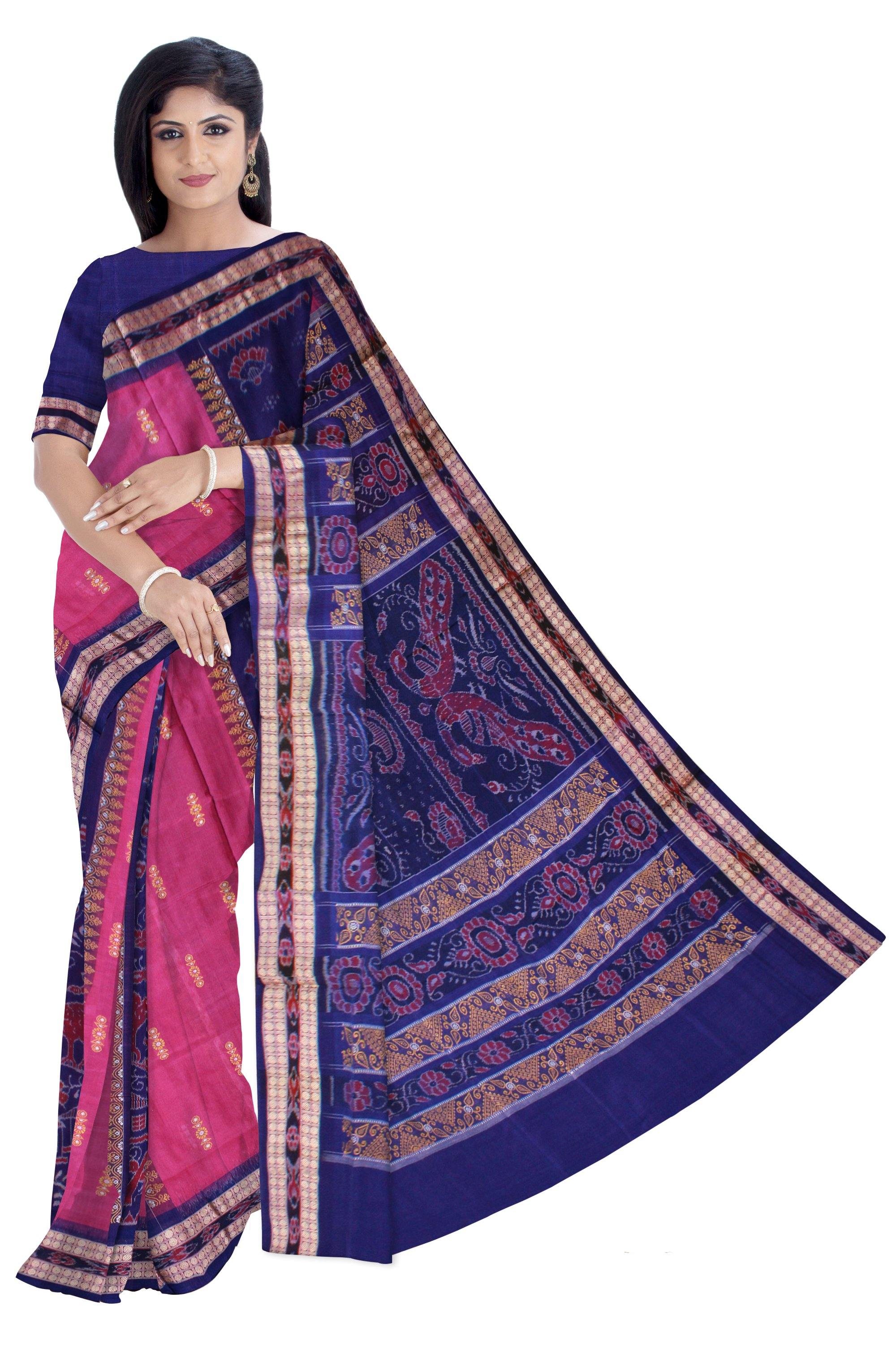 Pink & Blue color Scenery print pure cotton saree with blouse piece. - Koshali Arts & Crafts Enterprise