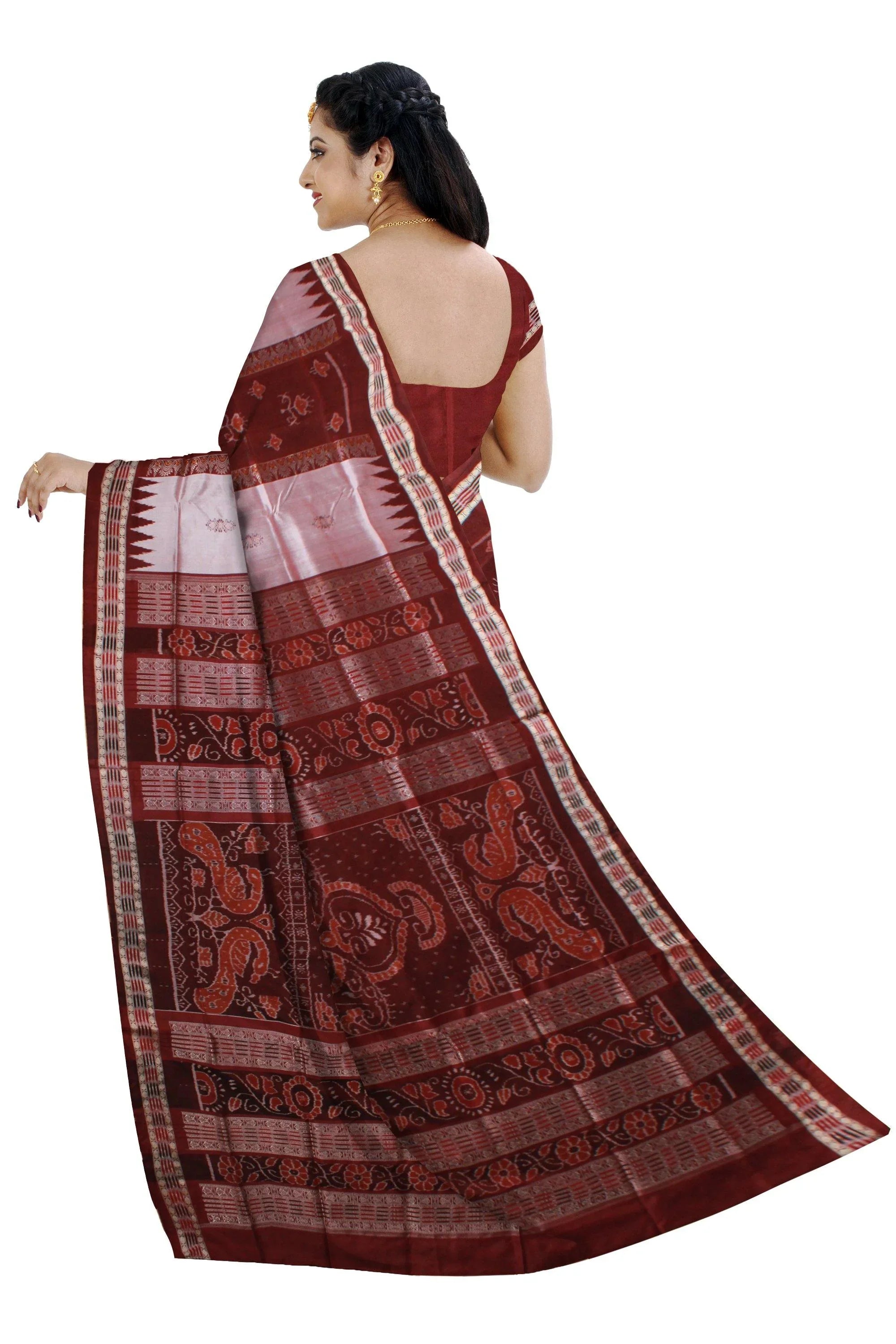 Silver and Brown color peacock print Pata saree with blouse piece - Koshali Arts & Crafts Enterprise