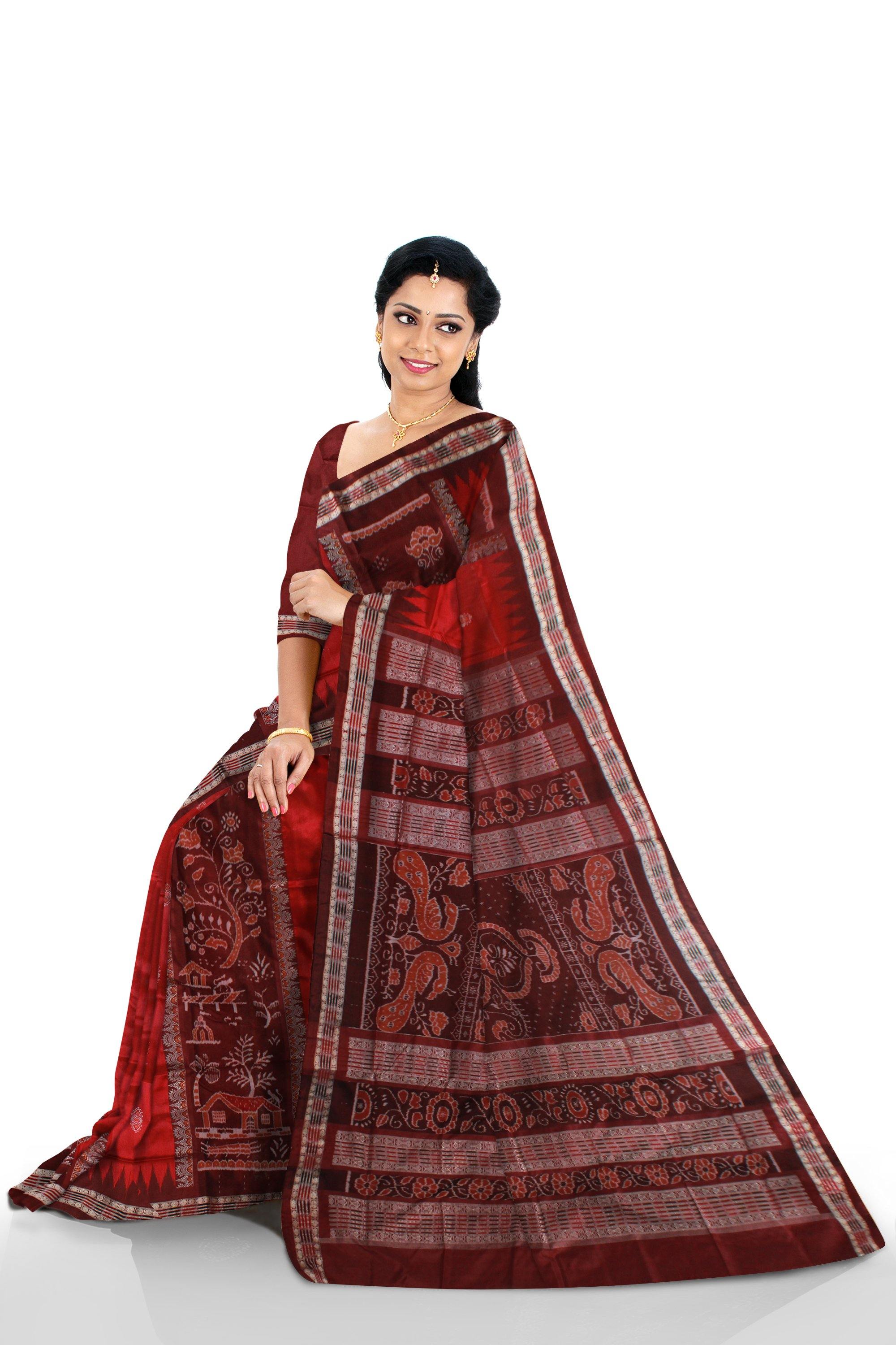 Maroon and Brown color scenery print Pata saree with blouse piece - Koshali Arts & Crafts Enterprise