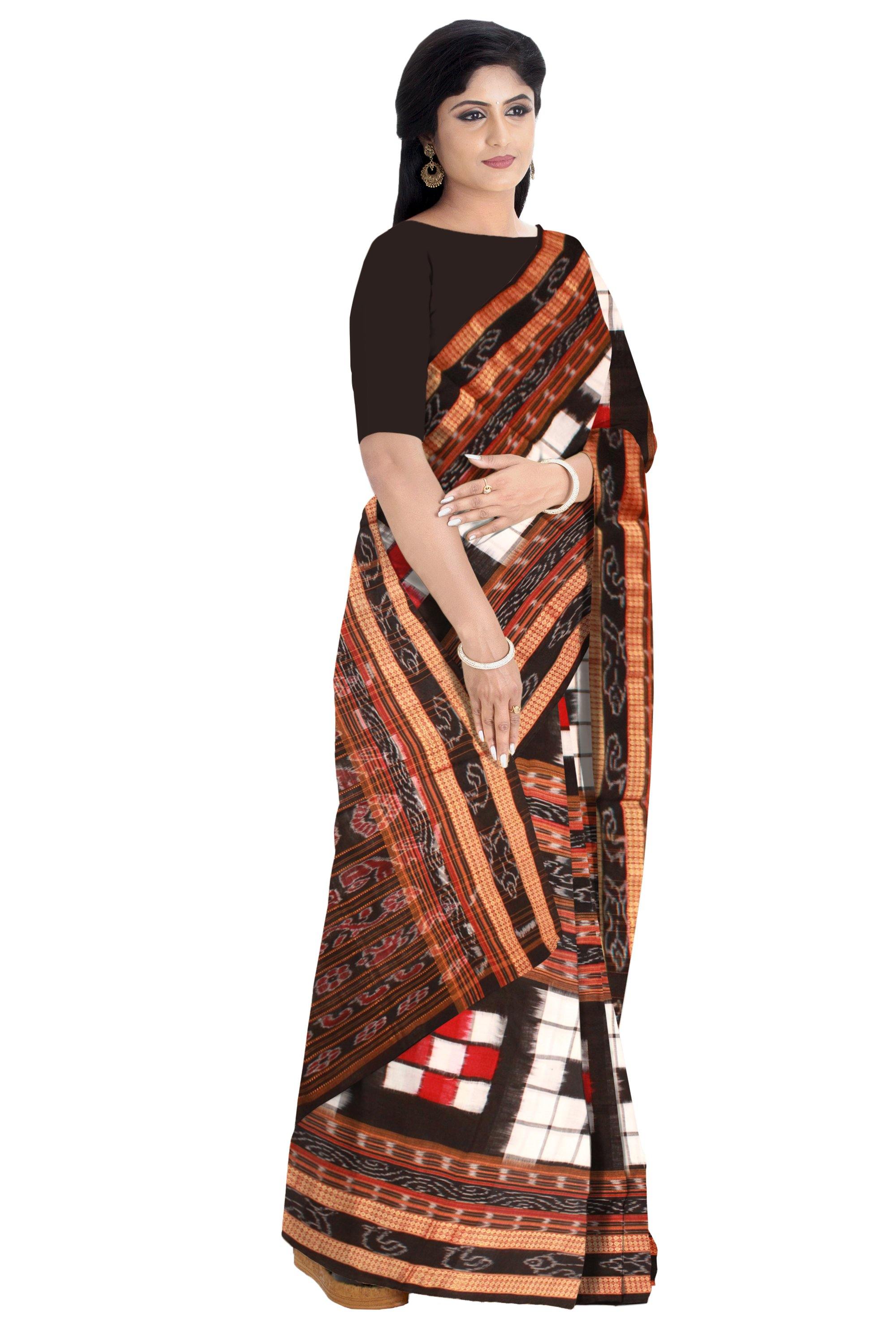 Traditional Bichitrapuri White Cotton Sapta saree, With out blouse piece. - Koshali Arts & Crafts Enterprise