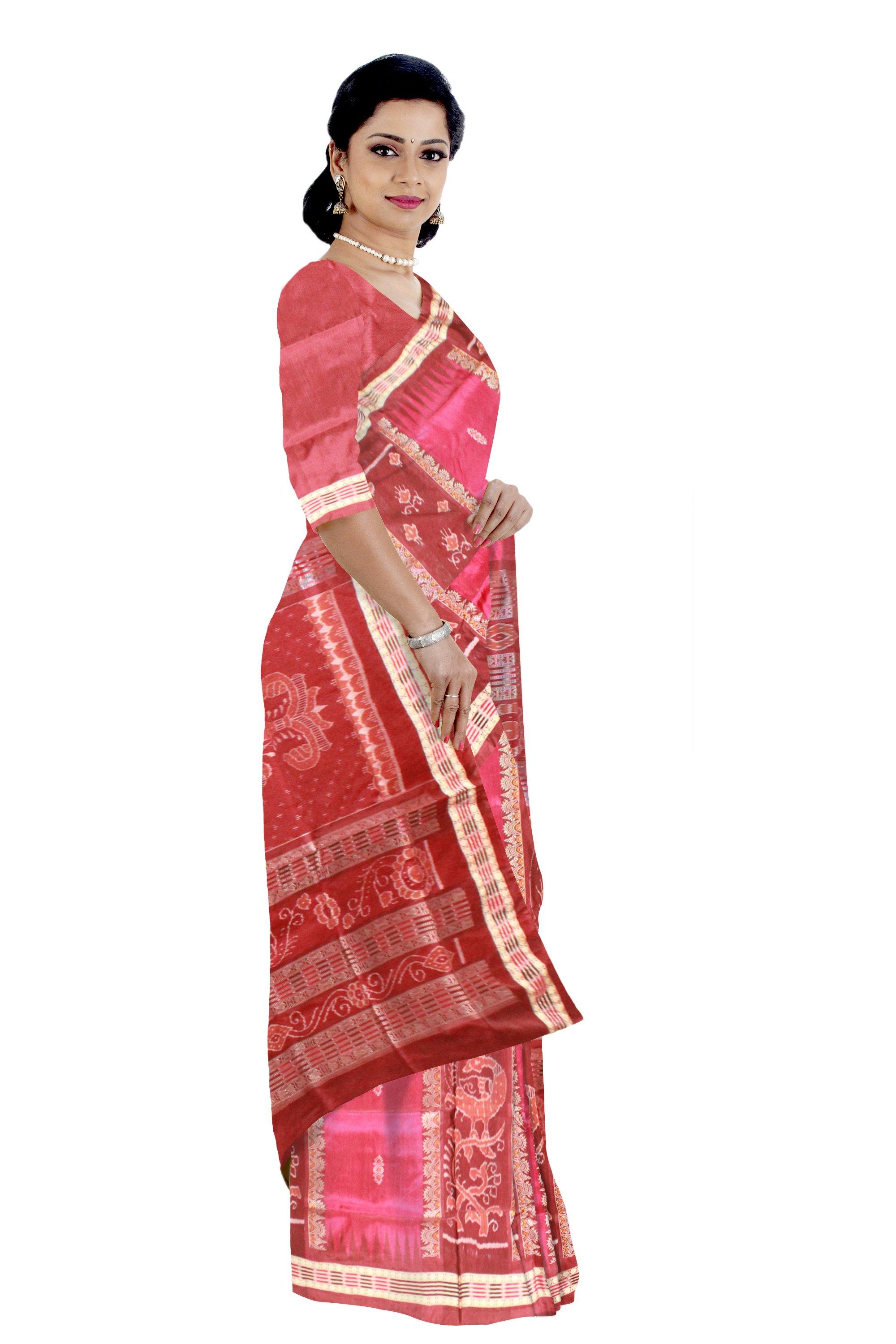 Pink and brown mix Pata saree with blouse piece. - Koshali Arts & Crafts Enterprise