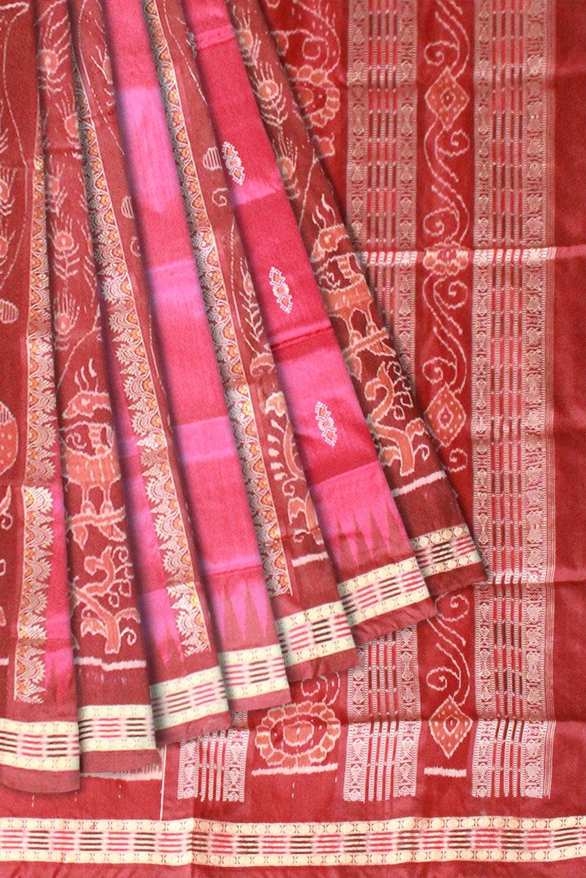 Pink and brown mix Pata saree with blouse piece. - Koshali Arts & Crafts Enterprise