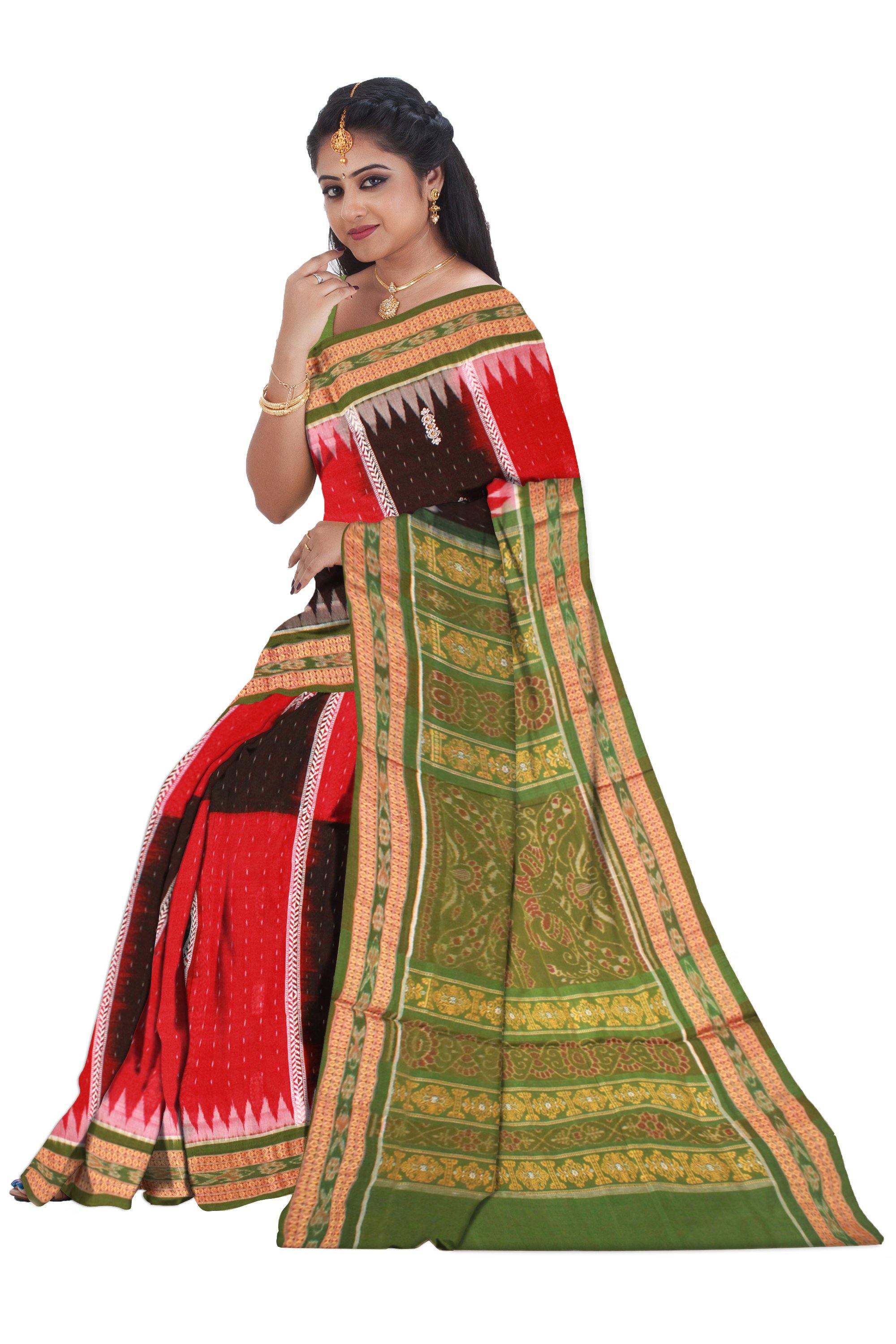 Maroon and black dual color Sambalpuri cotton saree with blouse piece. - Koshali Arts & Crafts Enterprise