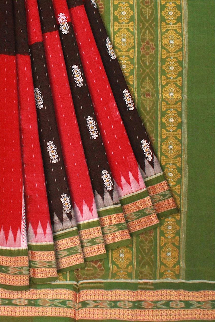 Maroon and black dual color Sambalpuri cotton saree with blouse piece. - Koshali Arts & Crafts Enterprise