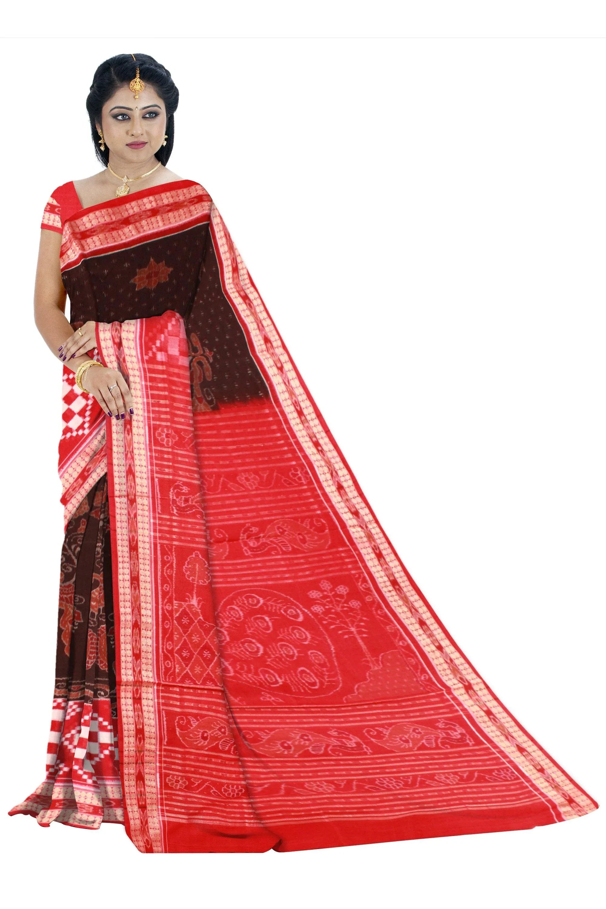 Pasapali border with peacock print pure cotton saree is coffee and red color base. Available with blouse piece. - Koshali Arts & Crafts Enterprise