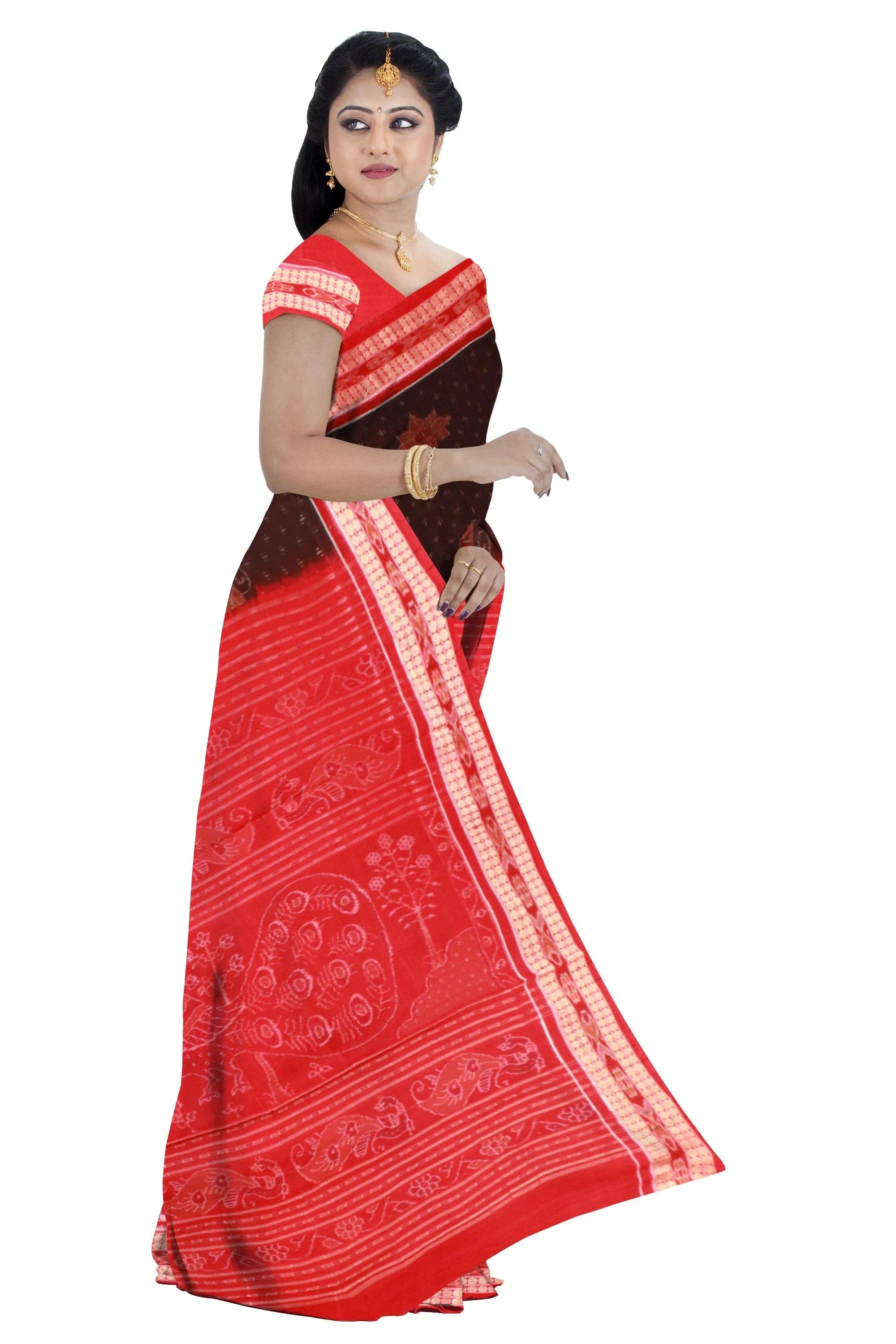 Pasapali border with peacock print pure cotton saree is coffee and red color base. Available with blouse piece. - Koshali Arts & Crafts Enterprise