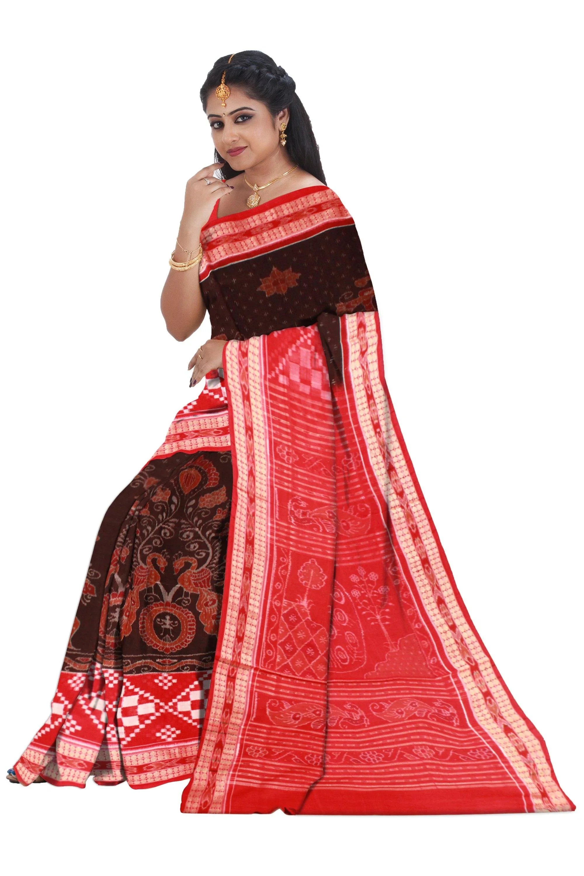 Pasapali border with peacock print pure cotton saree is coffee and red color base. Available with blouse piece. - Koshali Arts & Crafts Enterprise