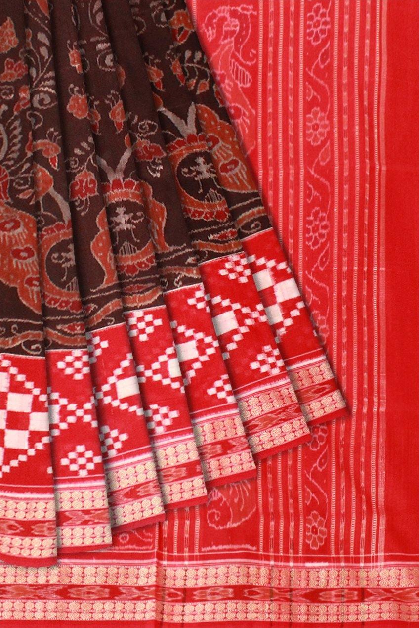 Pasapali border with peacock print pure cotton saree is coffee and red color base. Available with blouse piece. - Koshali Arts & Crafts Enterprise