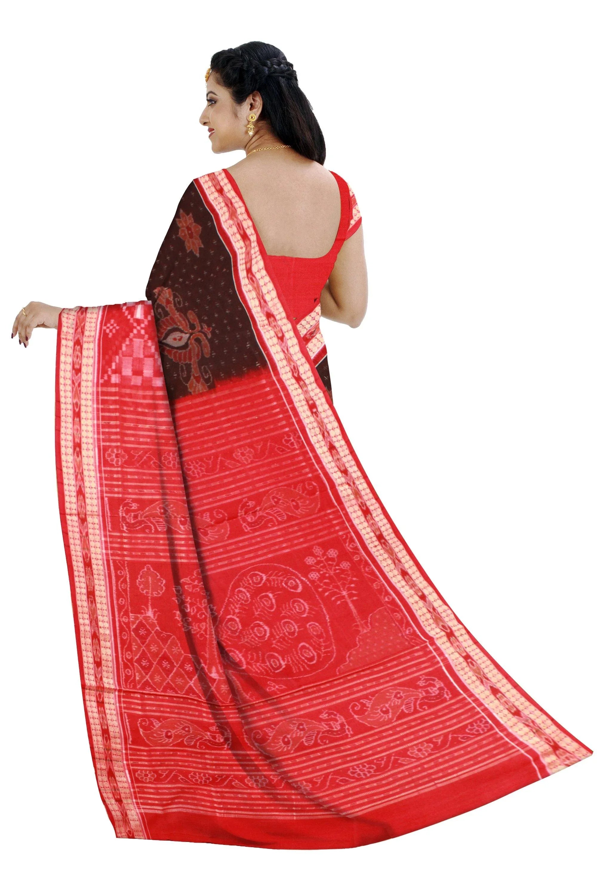 Pasapali border with peacock print pure cotton saree is coffee and red color base. Available with blouse piece. - Koshali Arts & Crafts Enterprise