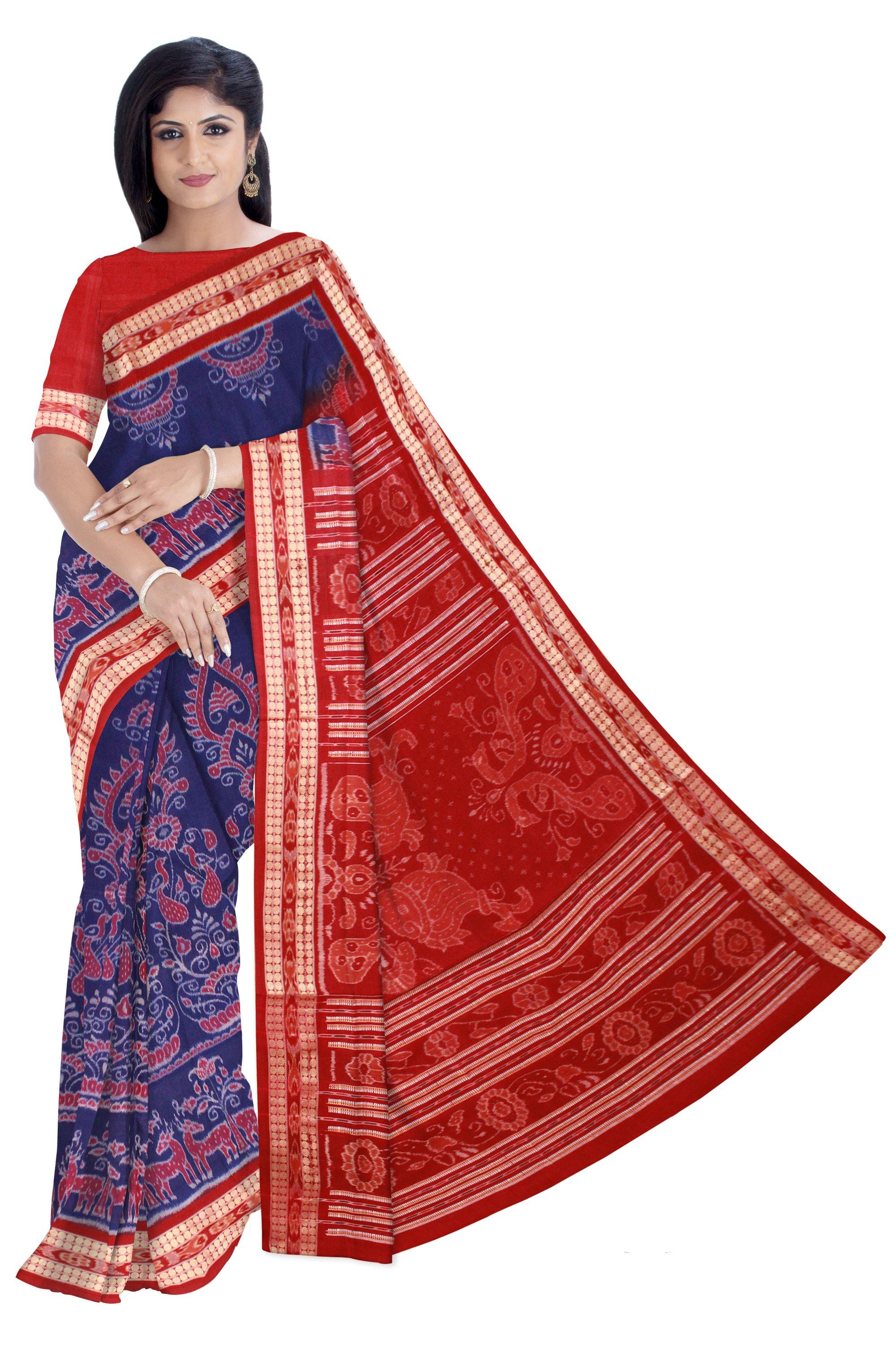 Blue color Flora print Sambalpuri cotton Ikat saree with blouse piece. - Koshali Arts & Crafts Enterprise