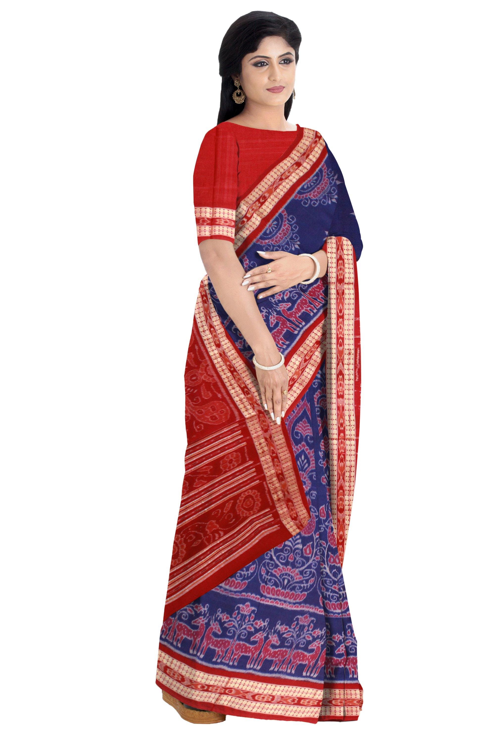 Blue color Flora print Sambalpuri cotton Ikat saree with blouse piece. - Koshali Arts & Crafts Enterprise