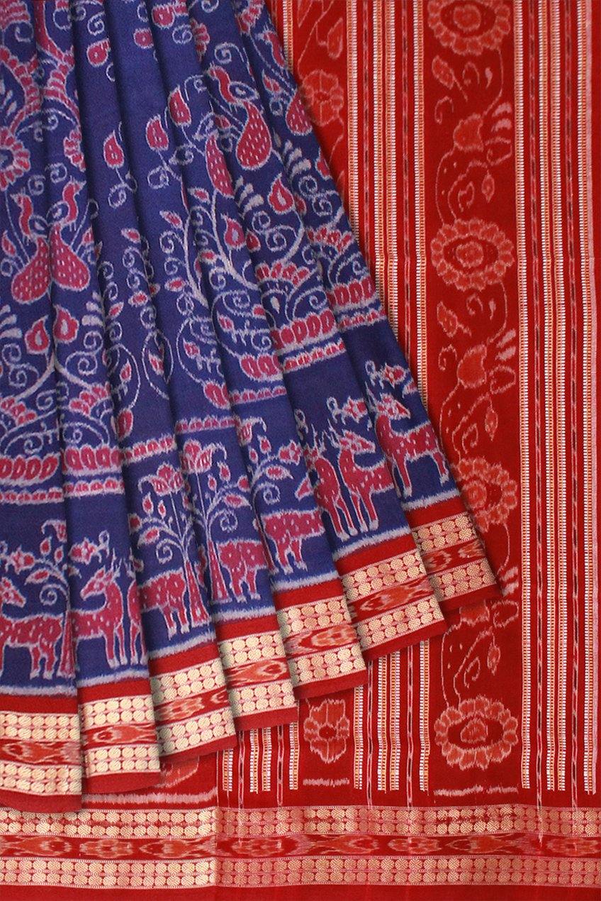 Blue color Flora print Sambalpuri cotton Ikat saree with blouse piece. - Koshali Arts & Crafts Enterprise