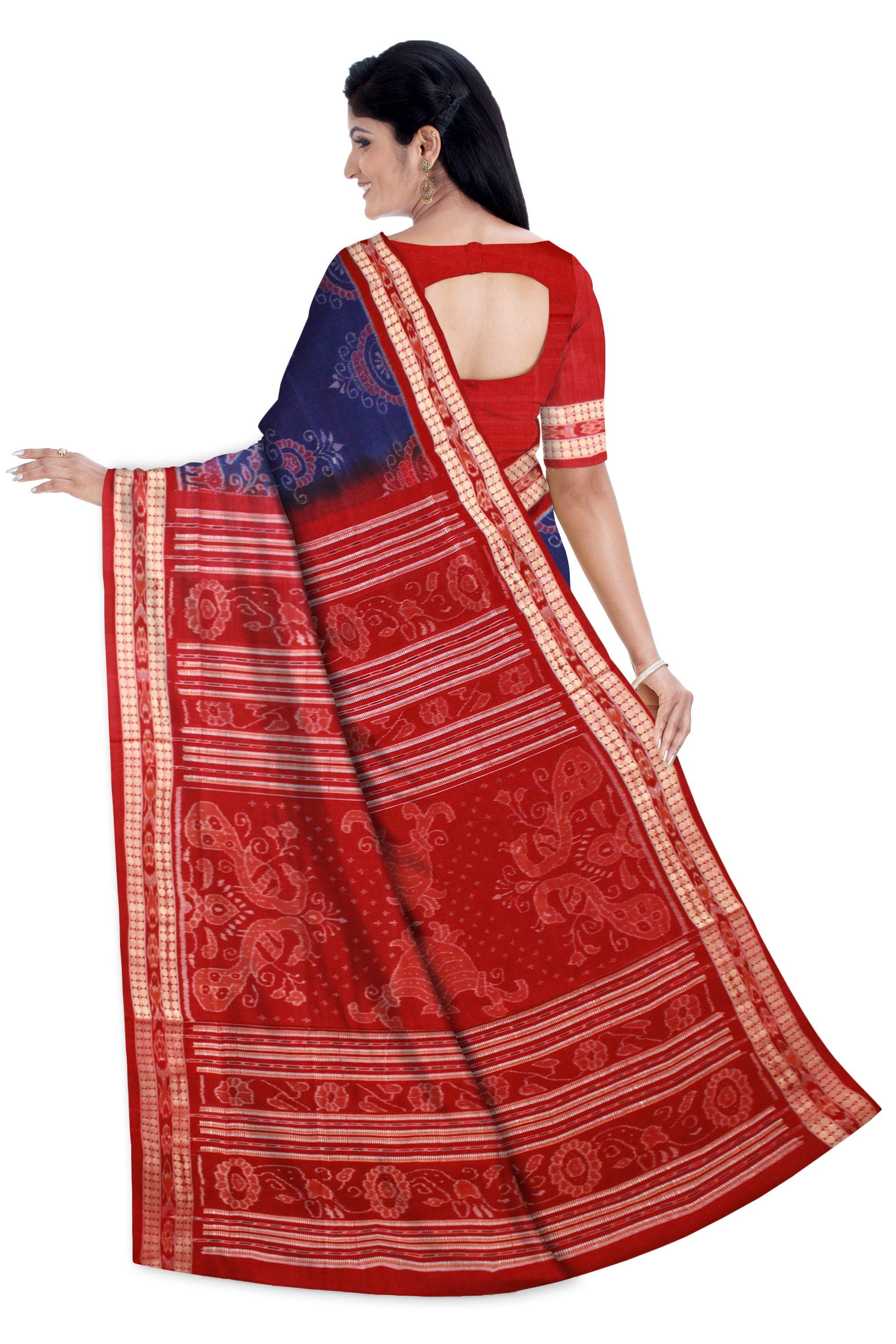 Blue color Flora print Sambalpuri cotton Ikat saree with blouse piece. - Koshali Arts & Crafts Enterprise