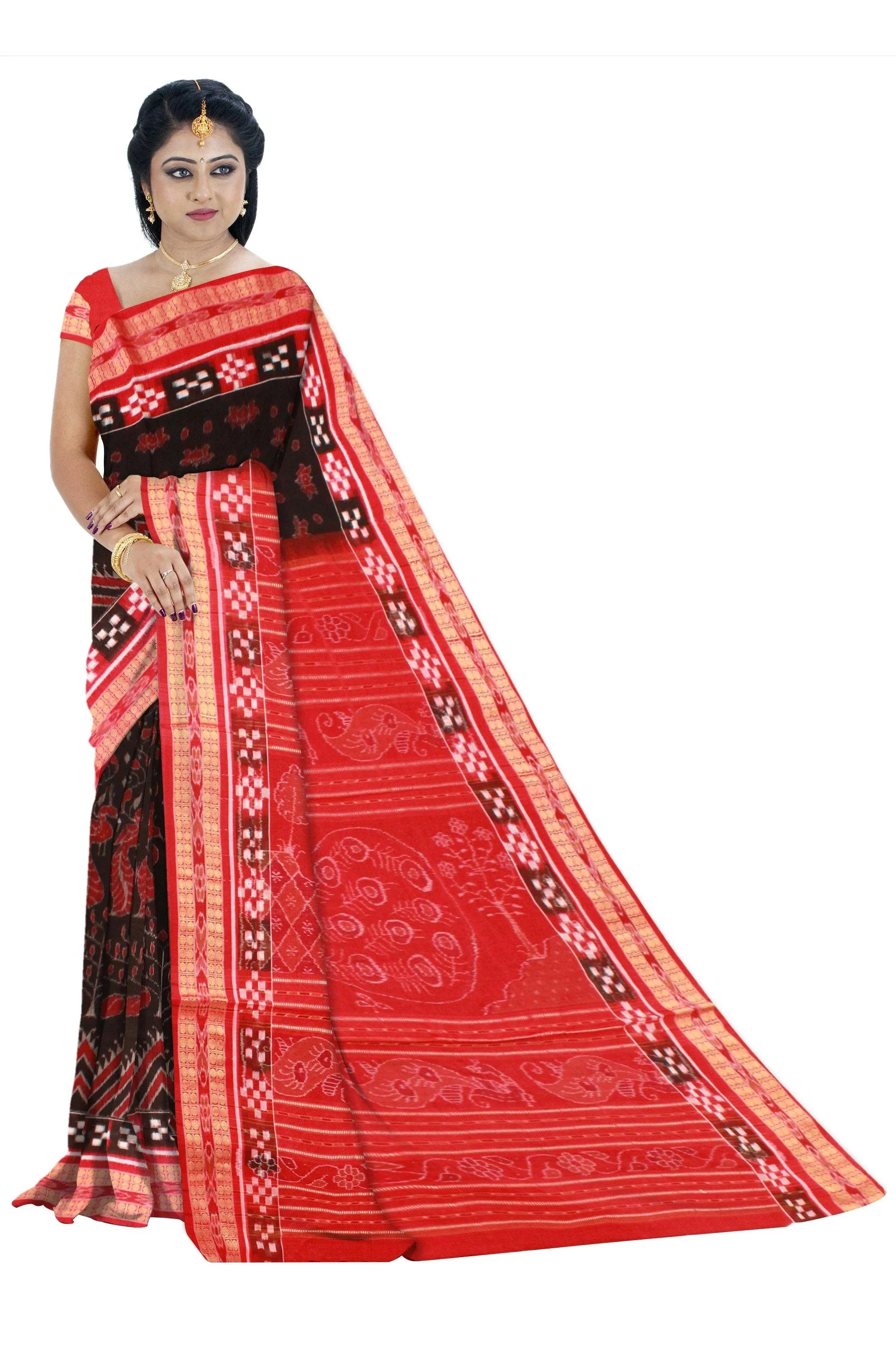 Beautiful peacock print Sambalpuri pure cotton saree in brown and red color . Available with blouse piece. - Koshali Arts & Crafts Enterprise