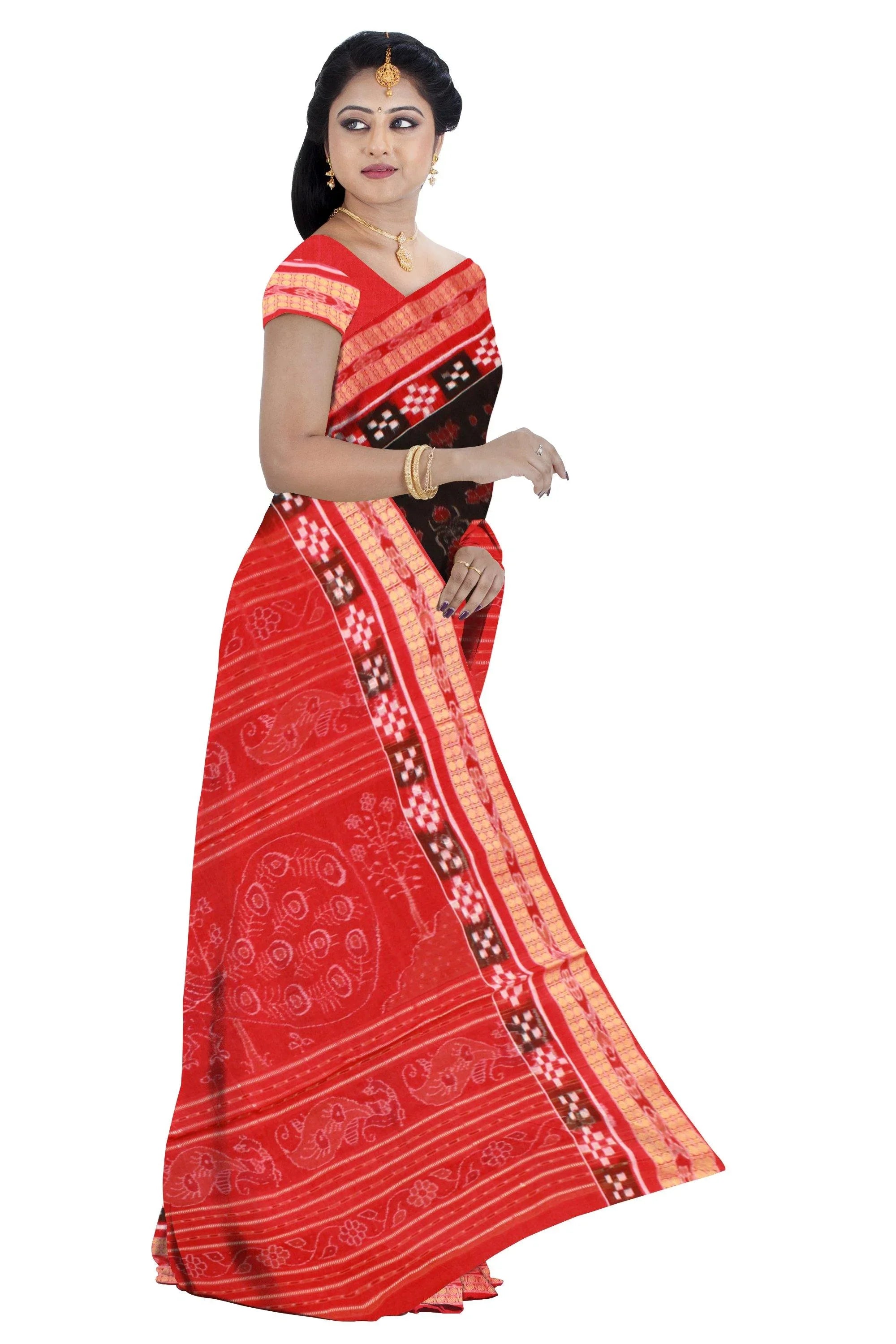 Beautiful peacock print Sambalpuri pure cotton saree in brown and red color . Available with blouse piece. - Koshali Arts & Crafts Enterprise
