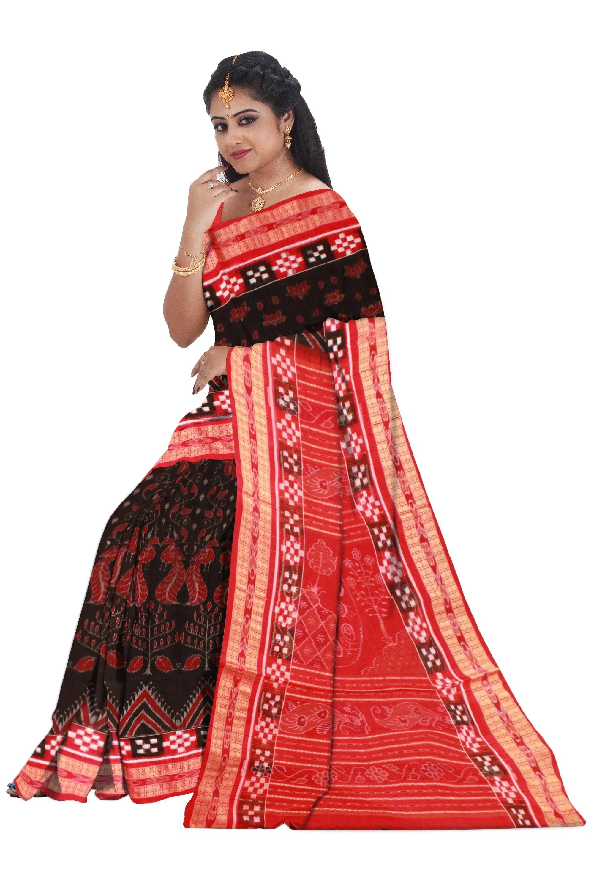 Beautiful peacock print Sambalpuri pure cotton saree in brown and red color . Available with blouse piece. - Koshali Arts & Crafts Enterprise