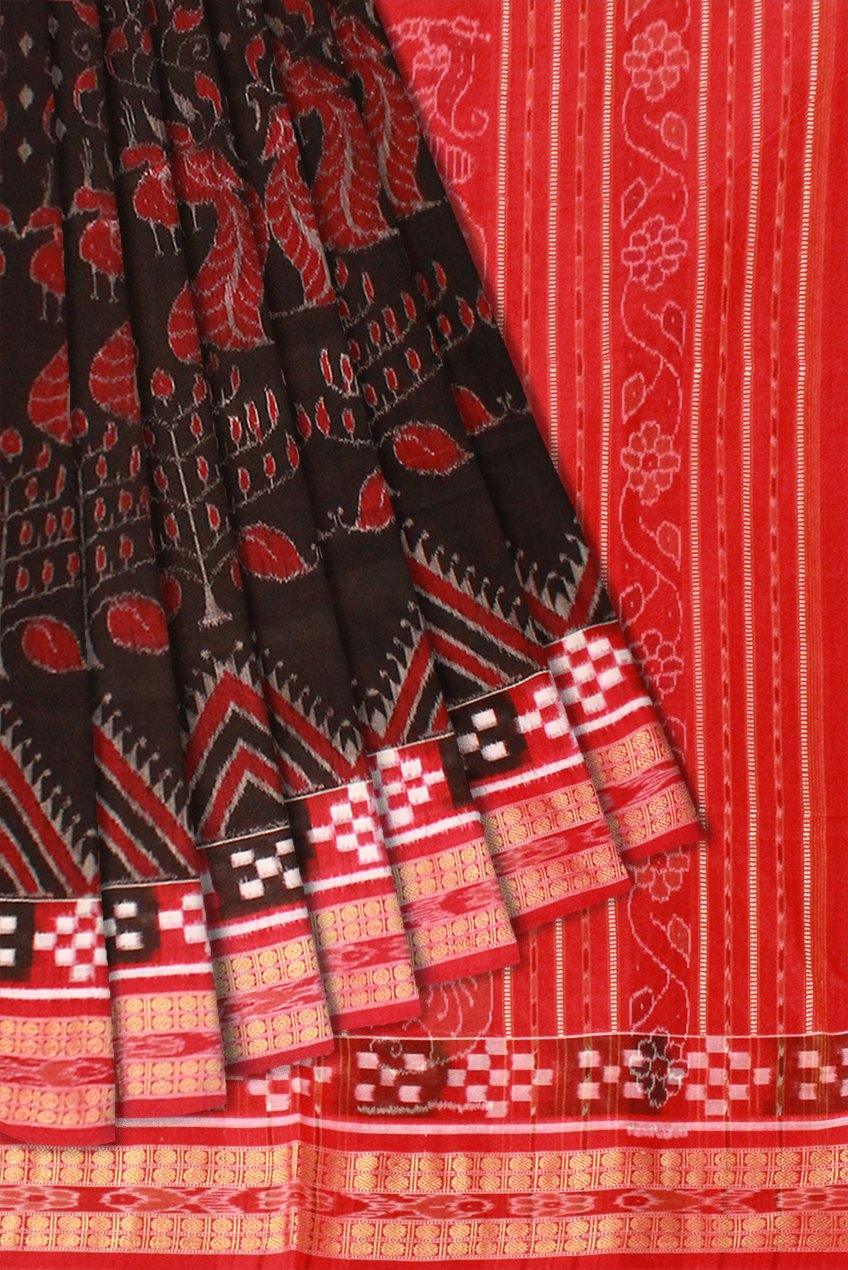 Beautiful peacock print Sambalpuri pure cotton saree in brown and red color . Available with blouse piece. - Koshali Arts & Crafts Enterprise