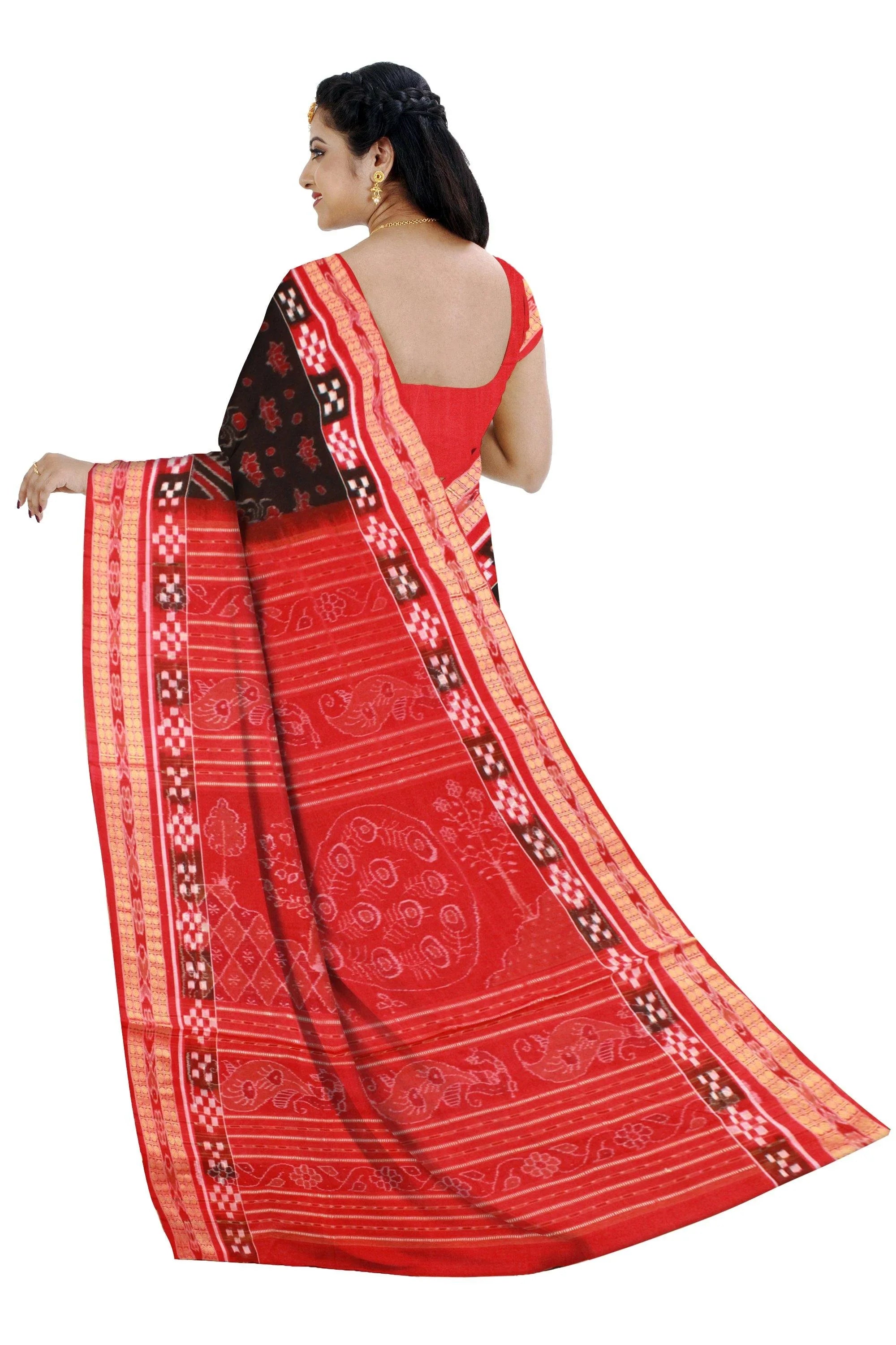 Beautiful peacock print Sambalpuri pure cotton saree in brown and red color . Available with blouse piece. - Koshali Arts & Crafts Enterprise