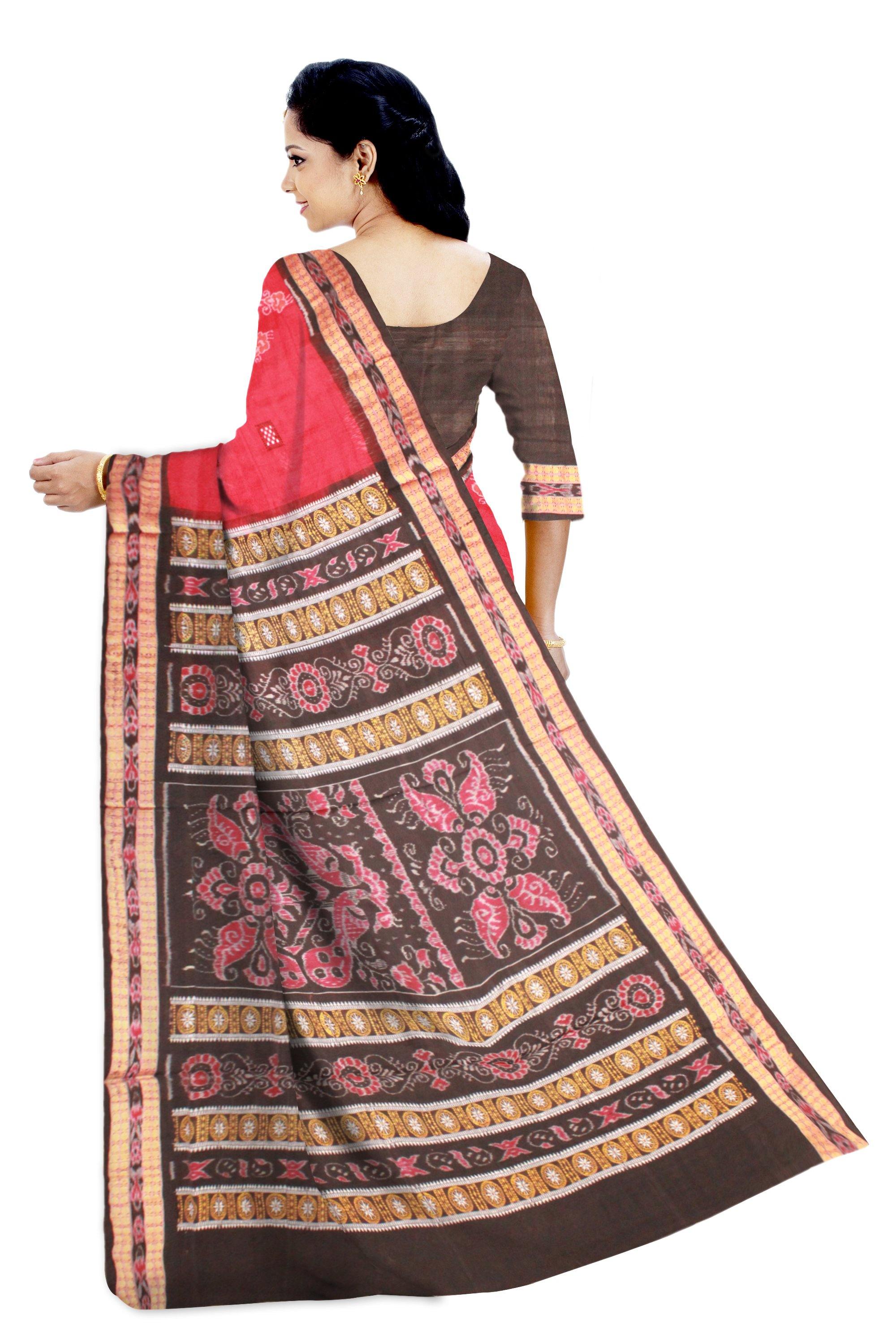 Red color Bomkei Sambalpuri cotton Saree With blouse piece. - Koshali Arts & Crafts Enterprise