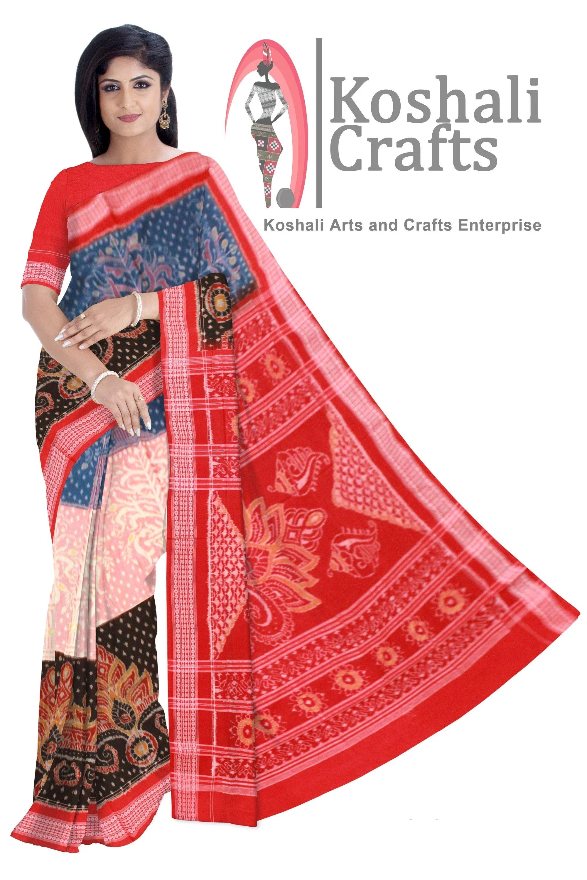 3D design Flora print Sambalpuri Ikat cotton saree in Blue, Pink & Black color - Koshali Arts & Crafts Enterprise