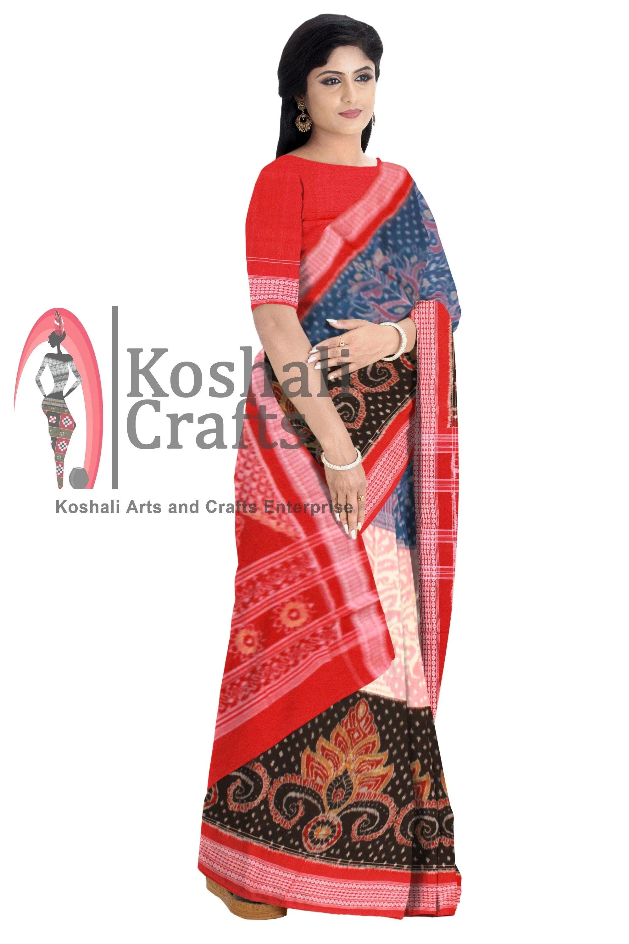 3D design Flora print Sambalpuri Ikat cotton saree in Blue, Pink & Black color - Koshali Arts & Crafts Enterprise