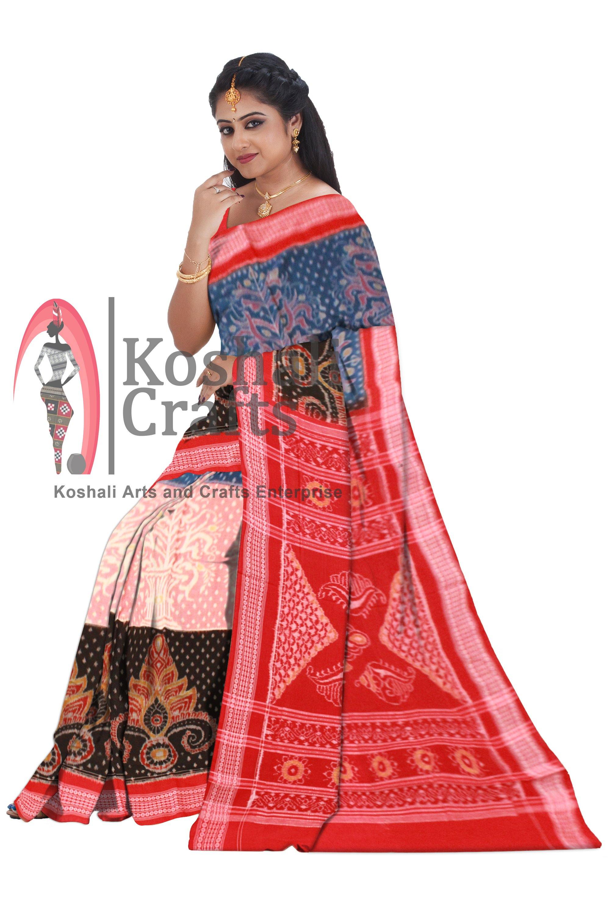 3D design Flora print Sambalpuri Ikat cotton saree in Blue, Pink & Black color, With blouse piece. - Koshali Arts & Crafts Enterprise