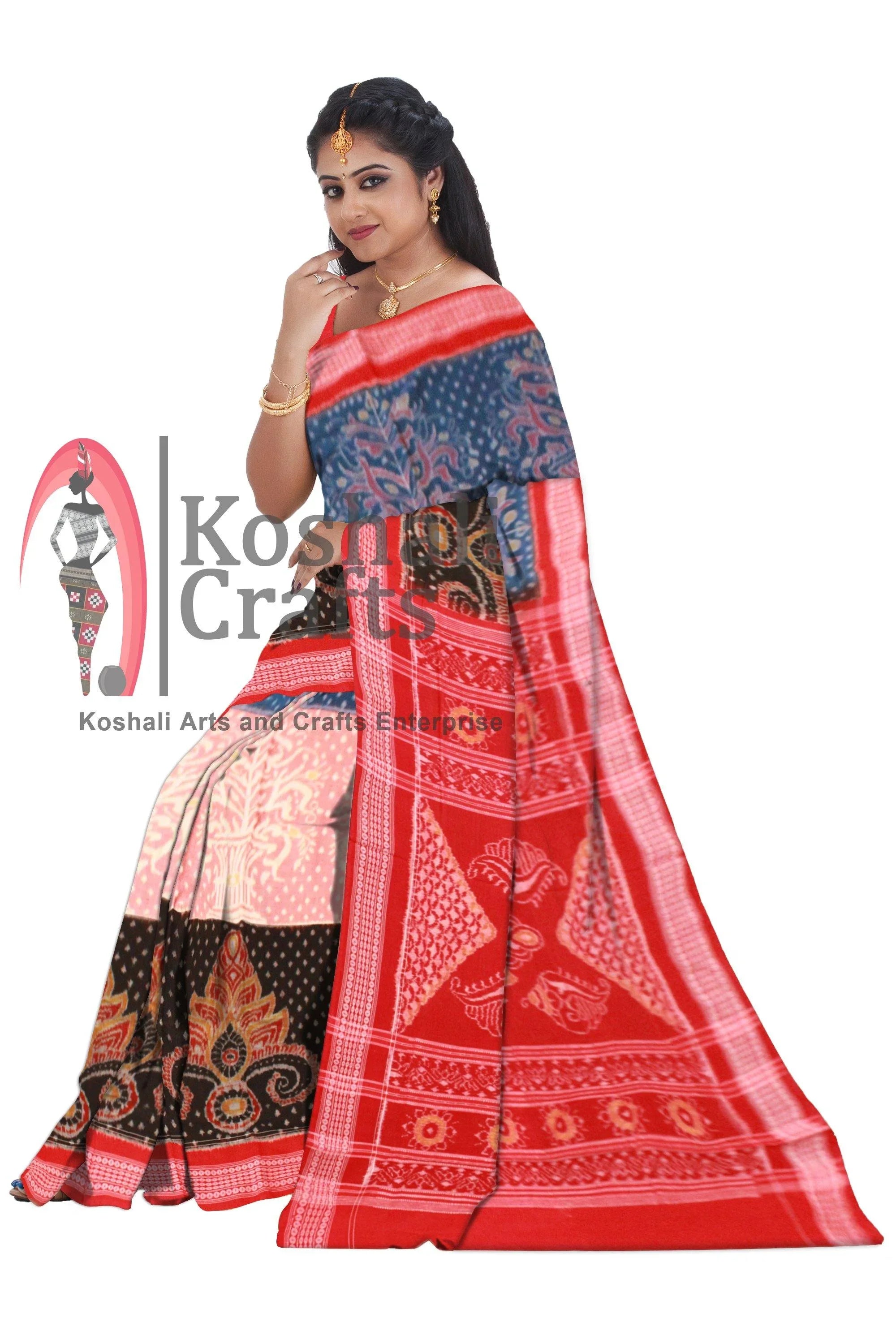 3D design Flora print Sambalpuri Ikat cotton saree in Blue, Pink & Black color - Koshali Arts & Crafts Enterprise