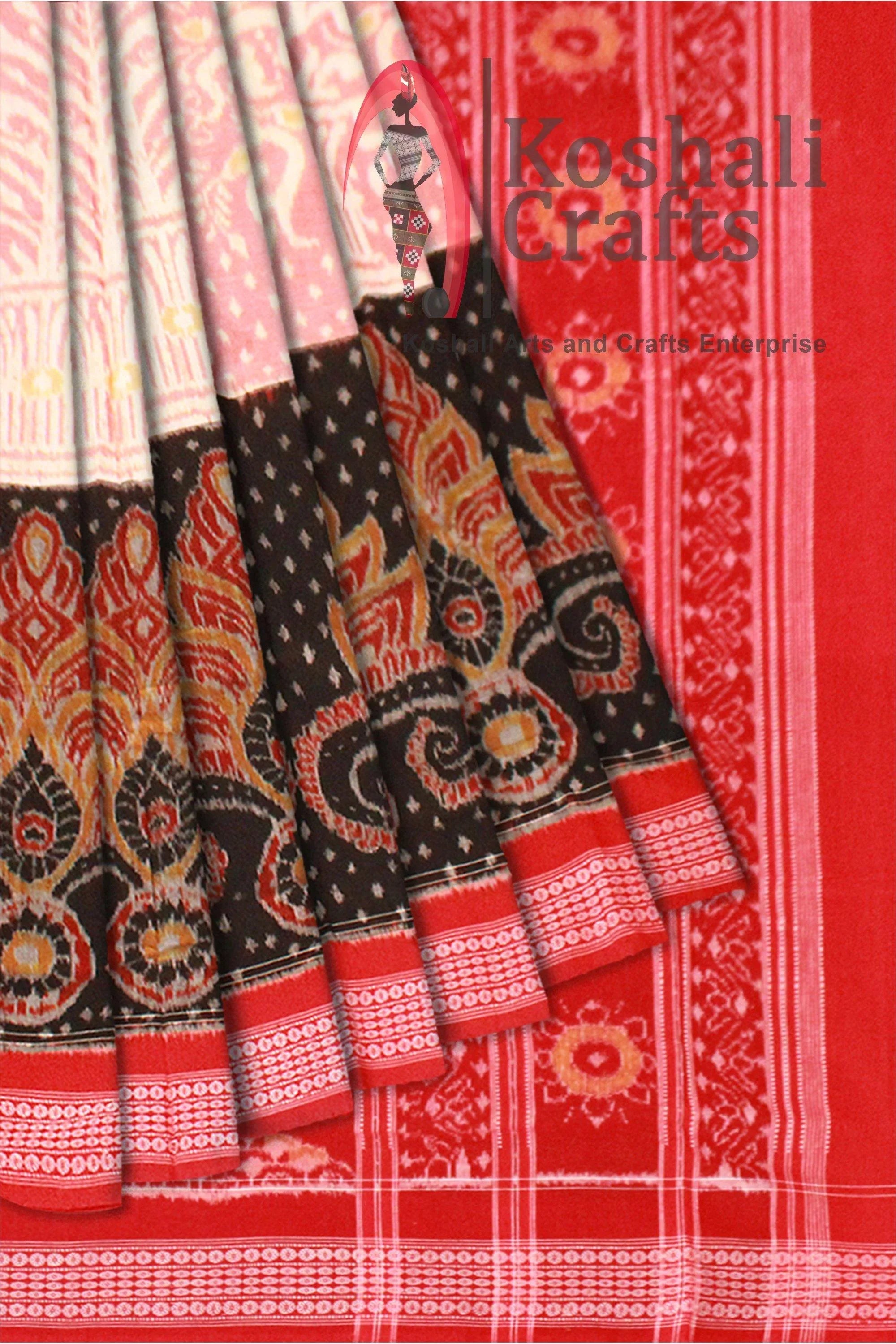 3D design Flora print Sambalpuri Ikat cotton saree in Blue, Pink & Black color - Koshali Arts & Crafts Enterprise