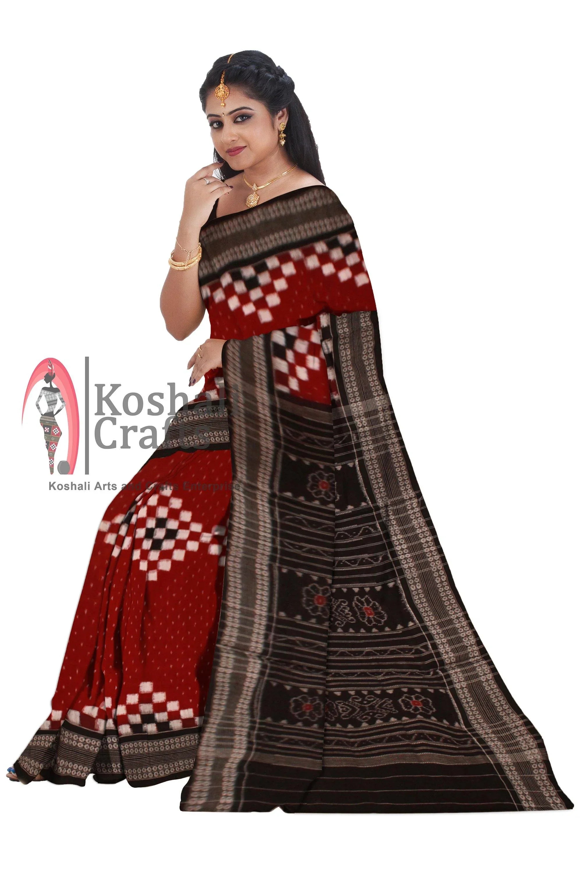 Pasapali Design Sambalpuri cotton saree in Maroon - Koshali Arts & Crafts Enterprise