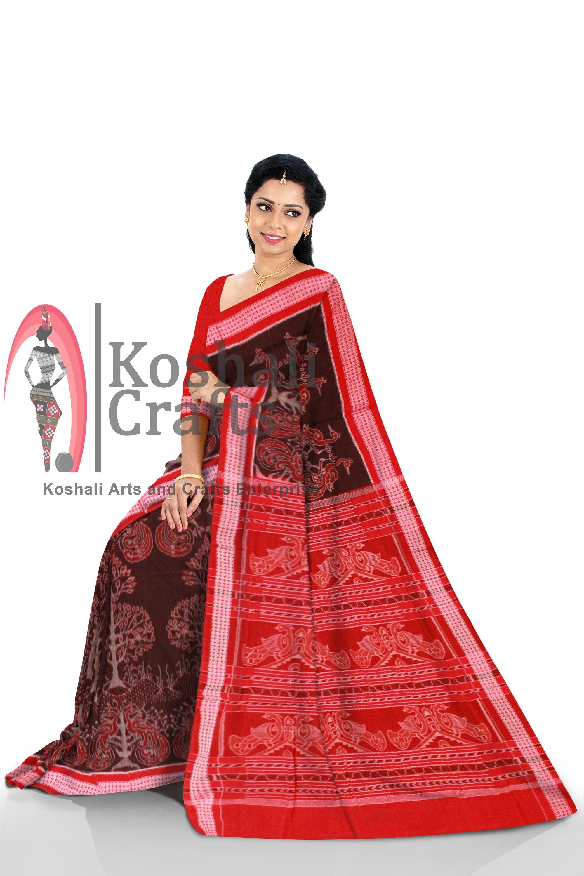 Samablpuri Mayura print brown color cotton ikat saree with blouse piece. - Koshali Arts & Crafts Enterprise