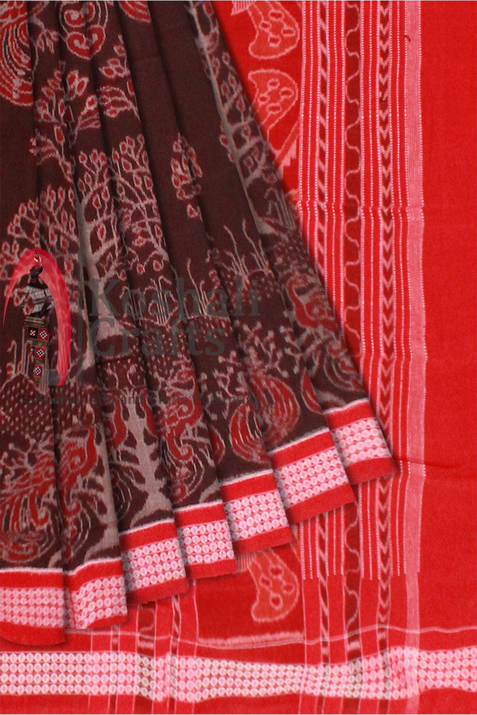 Samablpuri Mayura print brown color cotton ikat saree with blouse piece. - Koshali Arts & Crafts Enterprise
