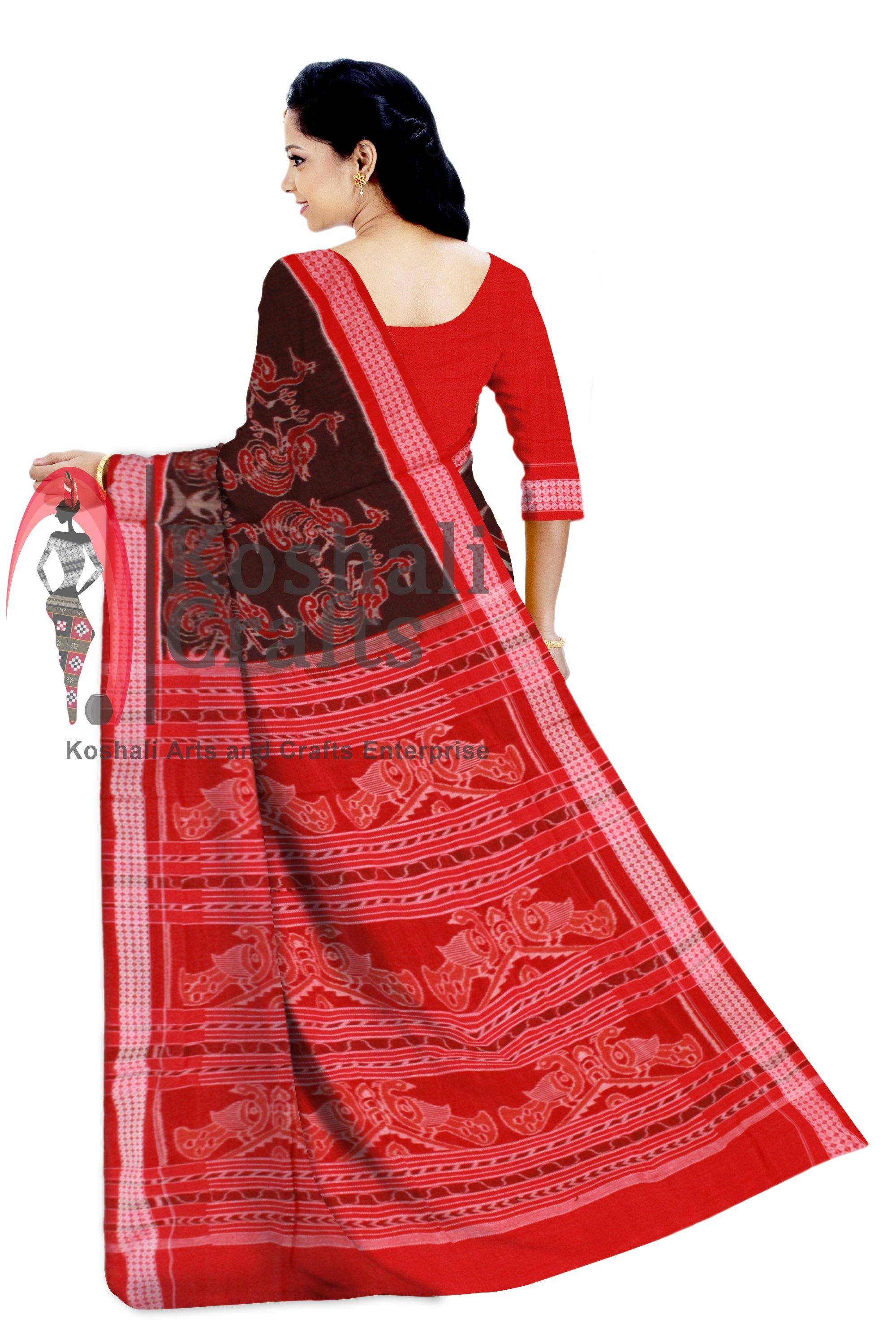 Samablpuri Mayura print brown color cotton ikat saree with blouse piece. - Koshali Arts & Crafts Enterprise