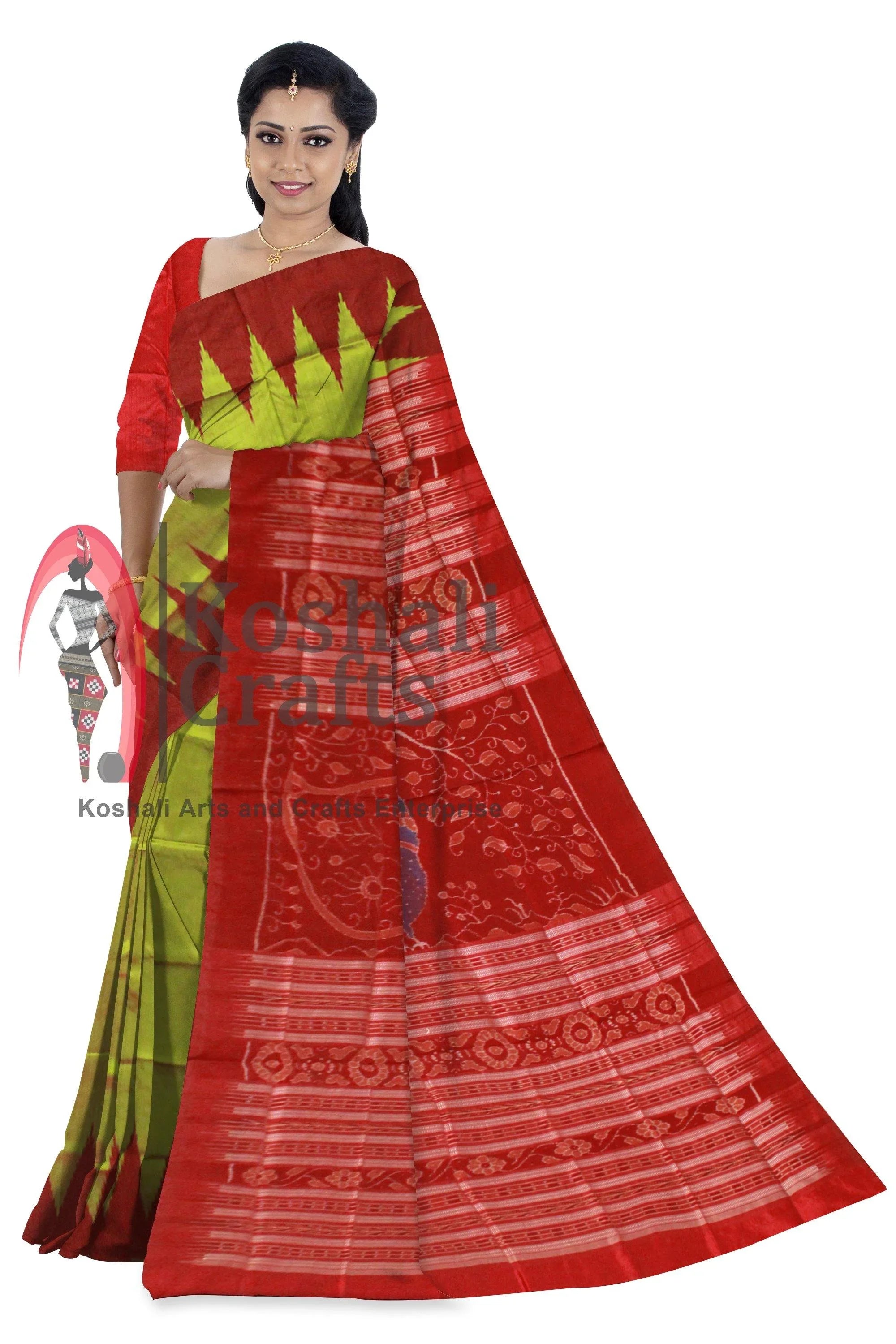 Green color Kumbha design Sambalpuri Pata saree with Blouse piece. - Koshali Arts & Crafts Enterprise