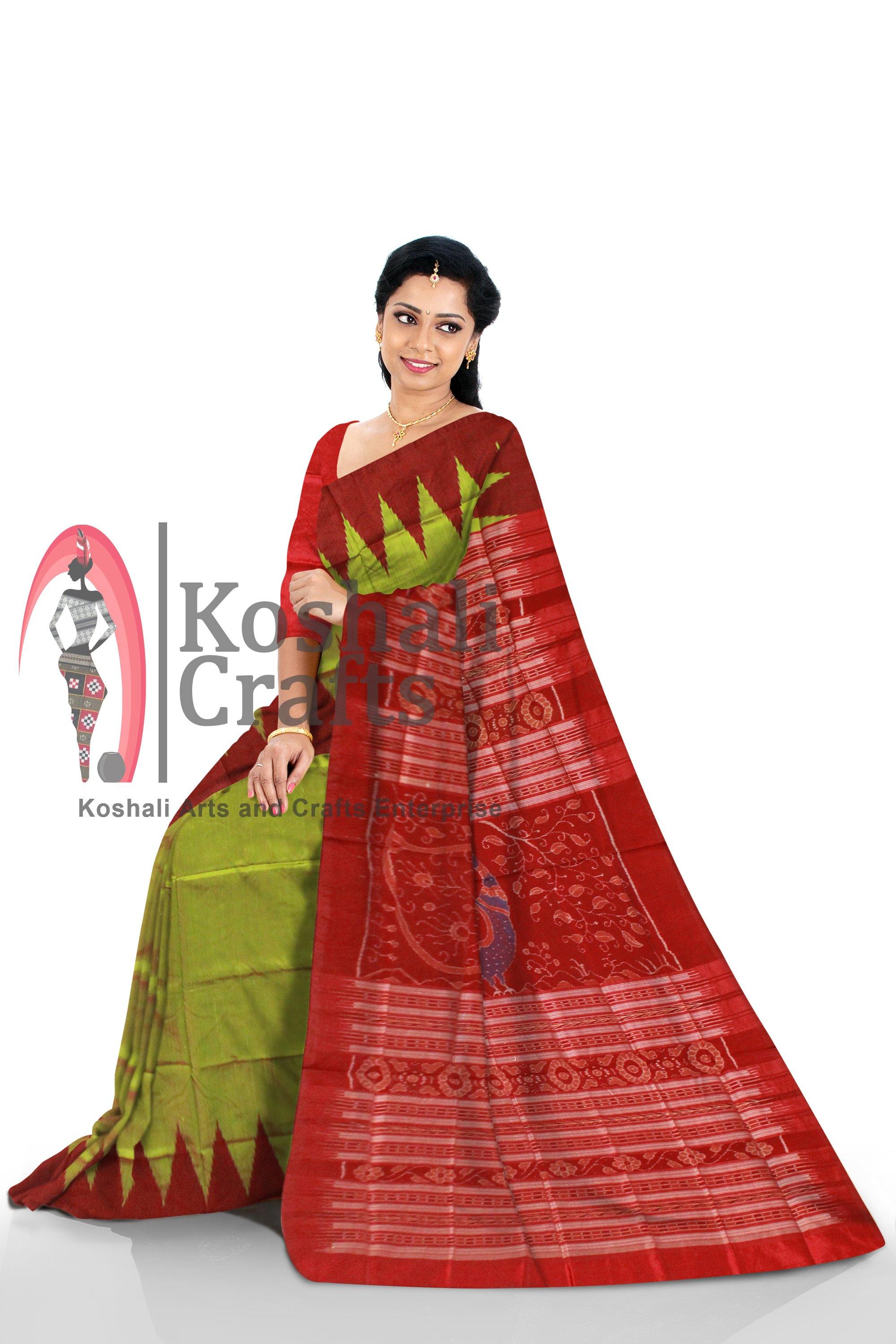 Green color Kumbha design Sambalpuri Pata saree with Blouse piece. - Koshali Arts & Crafts Enterprise