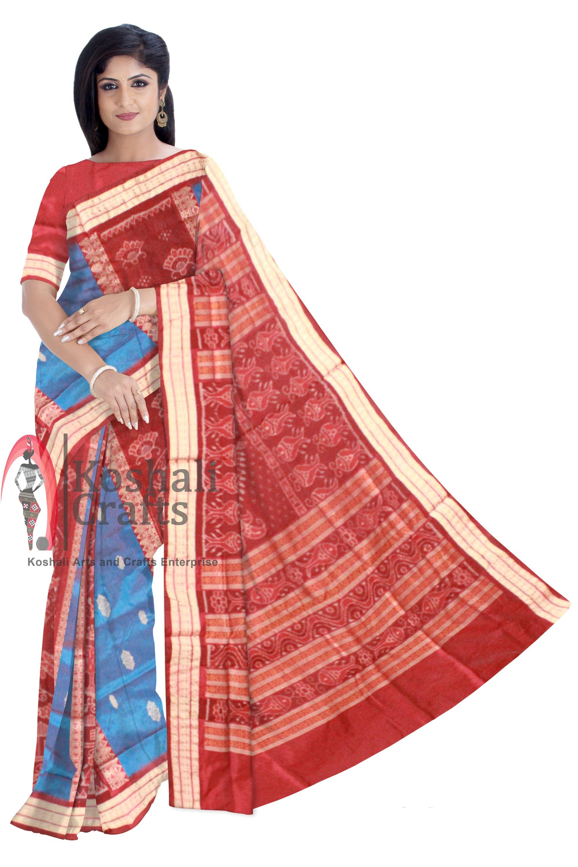Blue and Brown mix Sambalpuri Pata Saree with blouse piece. - Koshali Arts & Crafts Enterprise