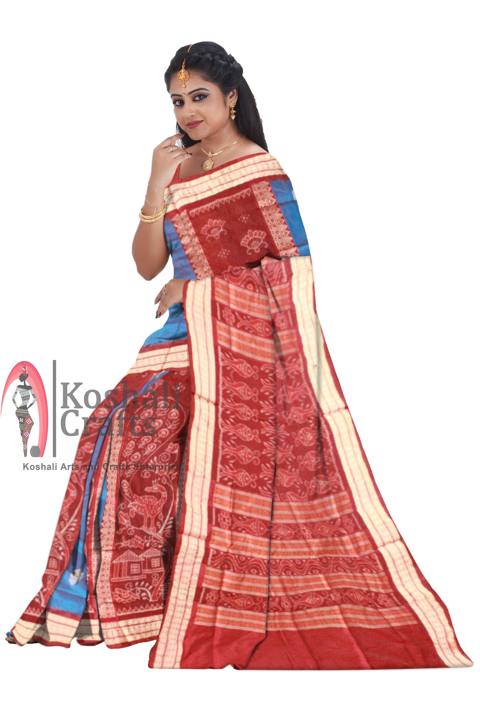 Blue and Brown mix Sambalpuri Pata Saree with blouse piece. - Koshali Arts & Crafts Enterprise