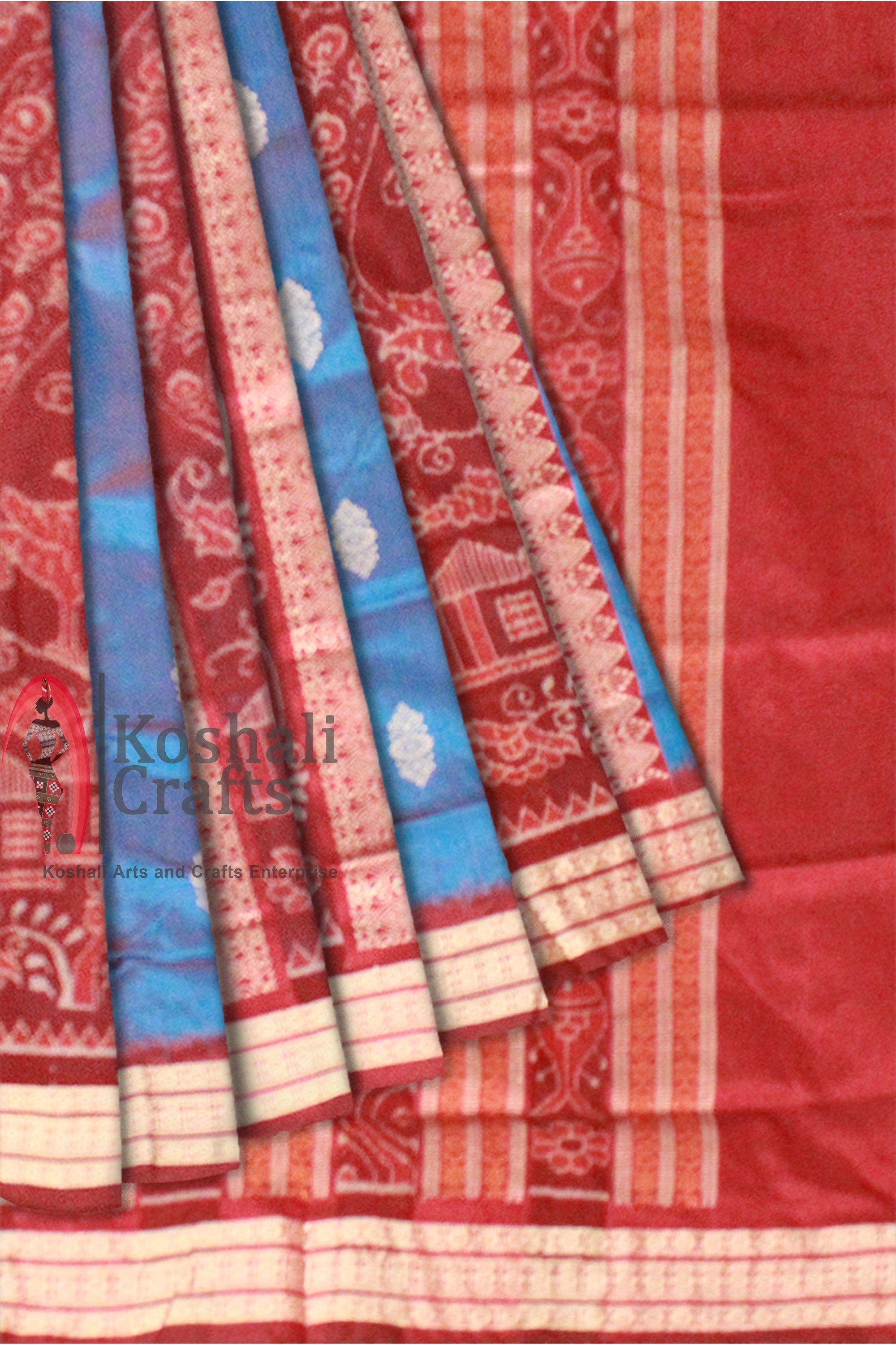 Blue and Brown mix Sambalpuri Pata Saree with blouse piece. - Koshali Arts & Crafts Enterprise