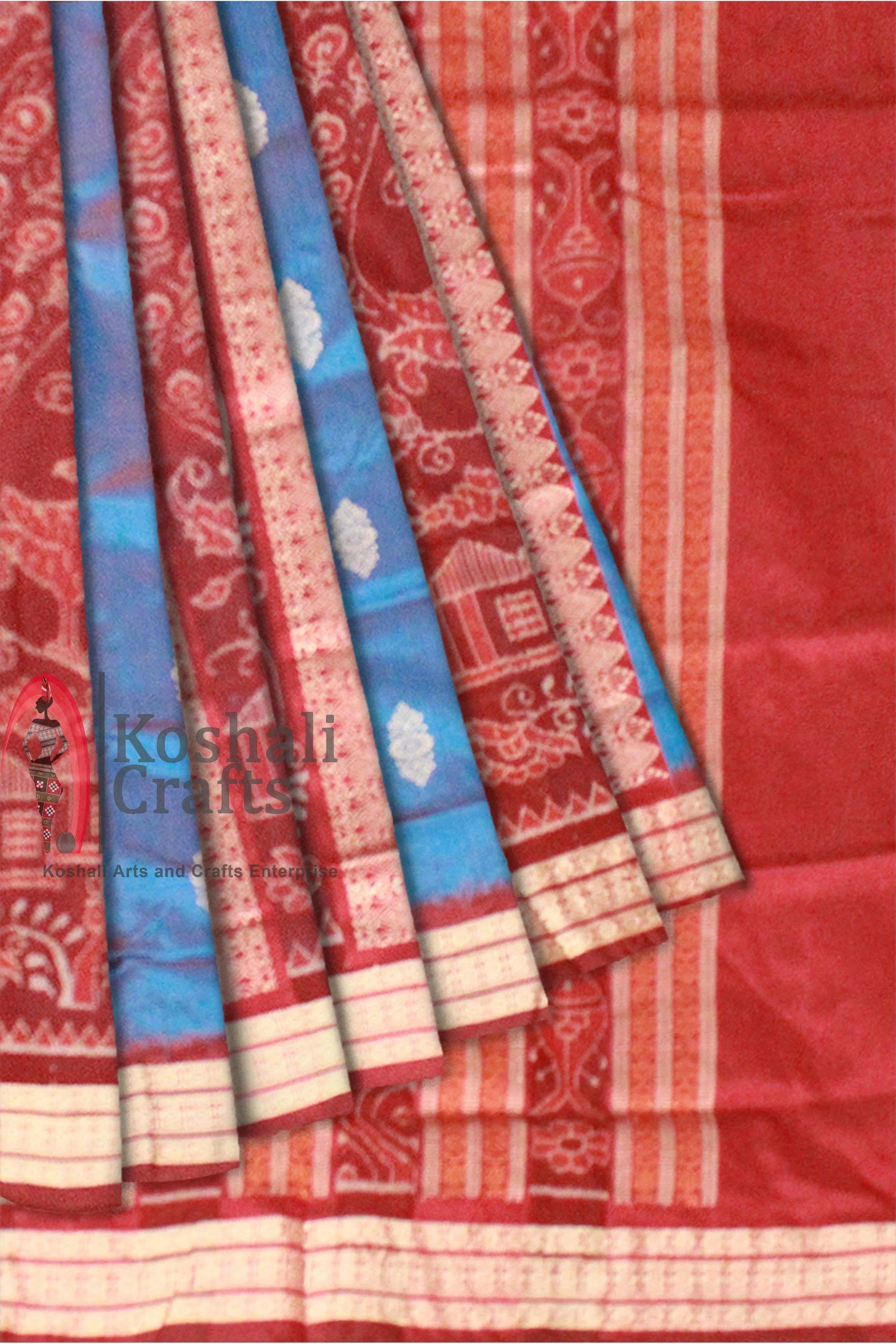 Blue and Brown mix Sambalpuri Pata Saree with blouse piece. - Koshali Arts & Crafts Enterprise