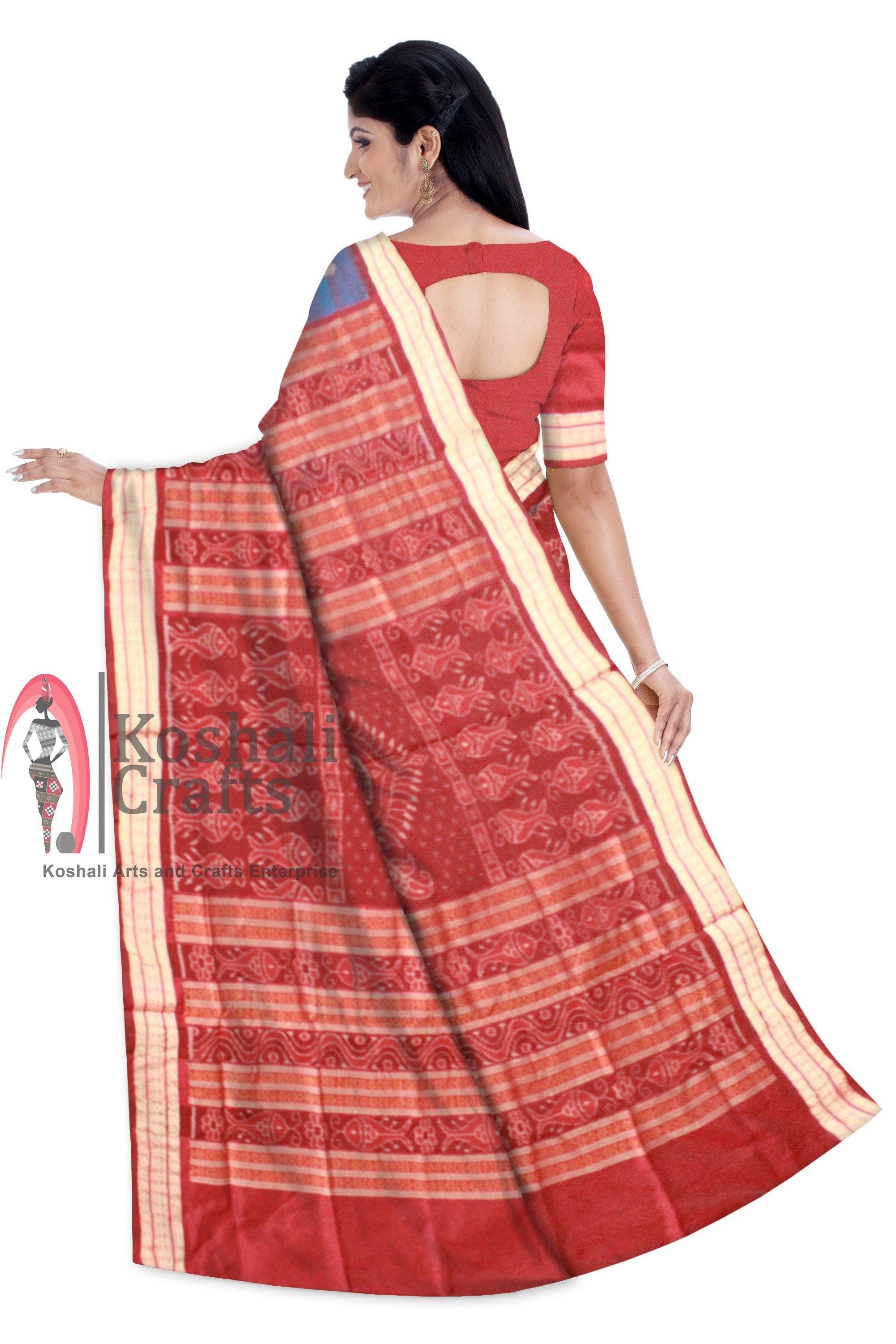 Blue and Brown mix Sambalpuri Pata Saree with blouse piece. - Koshali Arts & Crafts Enterprise