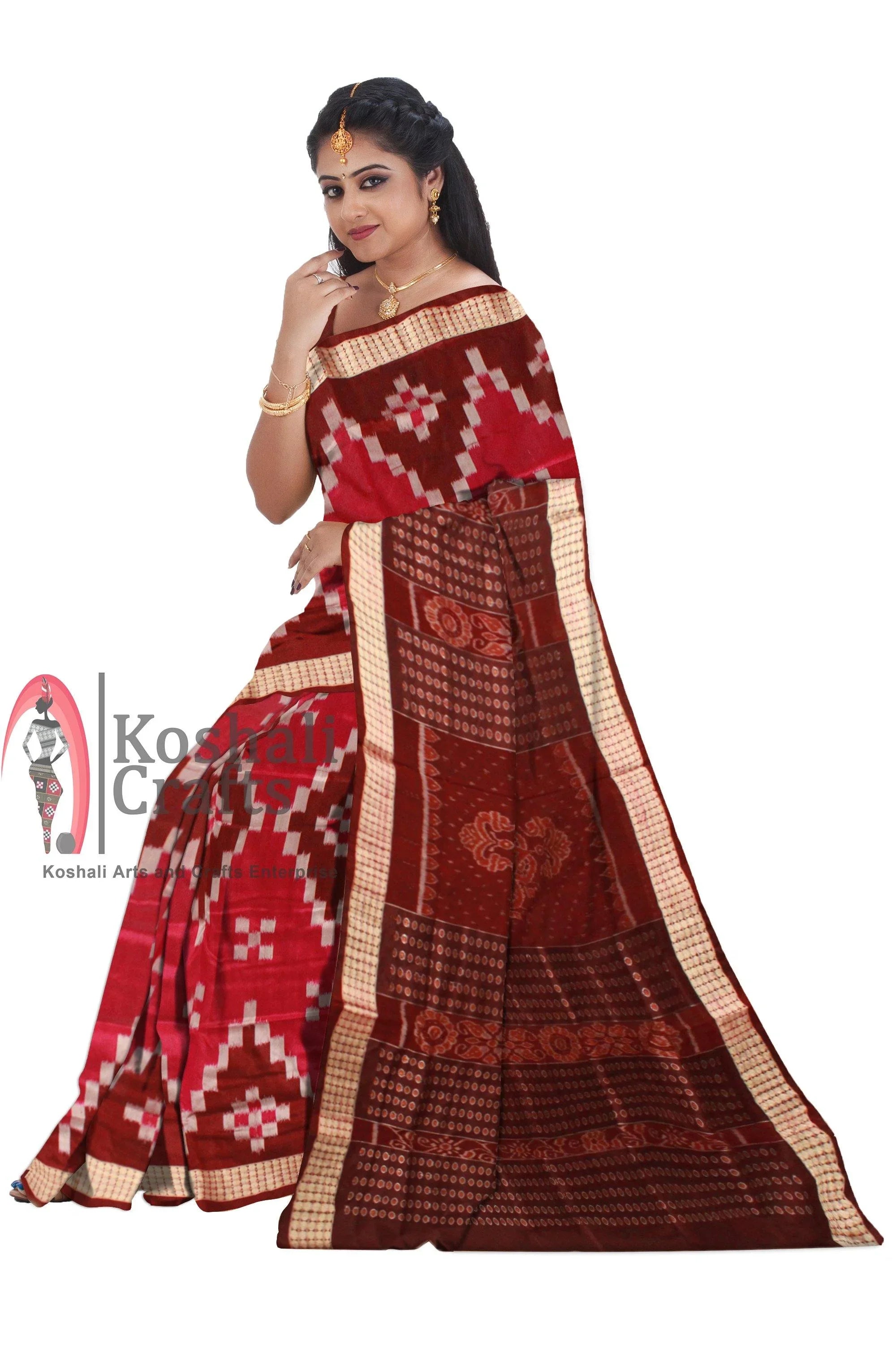 Pink color Milan design Sambalpuri Pata saree with blouse piece. - Koshali Arts & Crafts Enterprise
