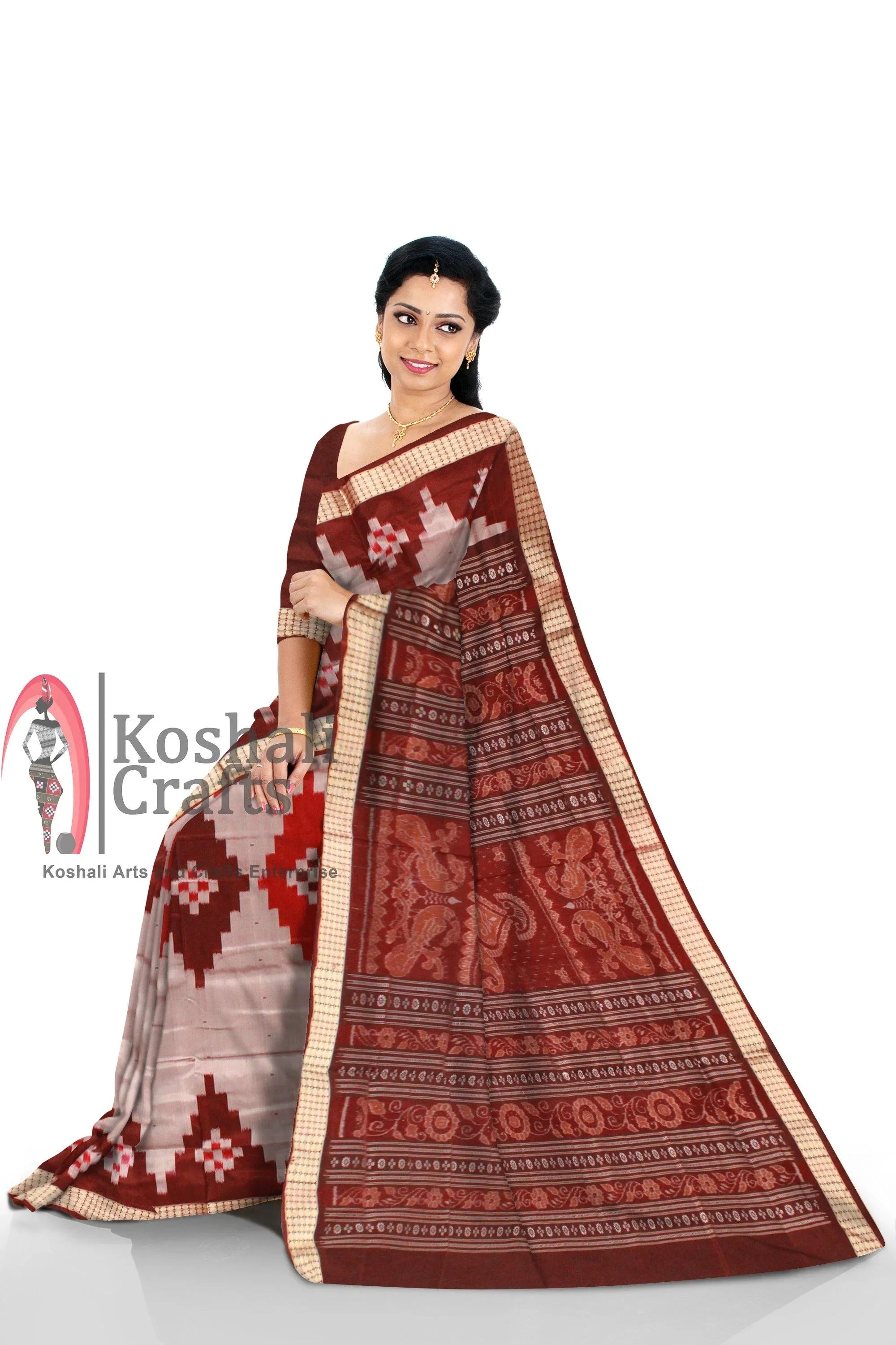 Gray color Milan design Sambalpuri Pata saree with blouse piece. - Koshali Arts & Crafts Enterprise