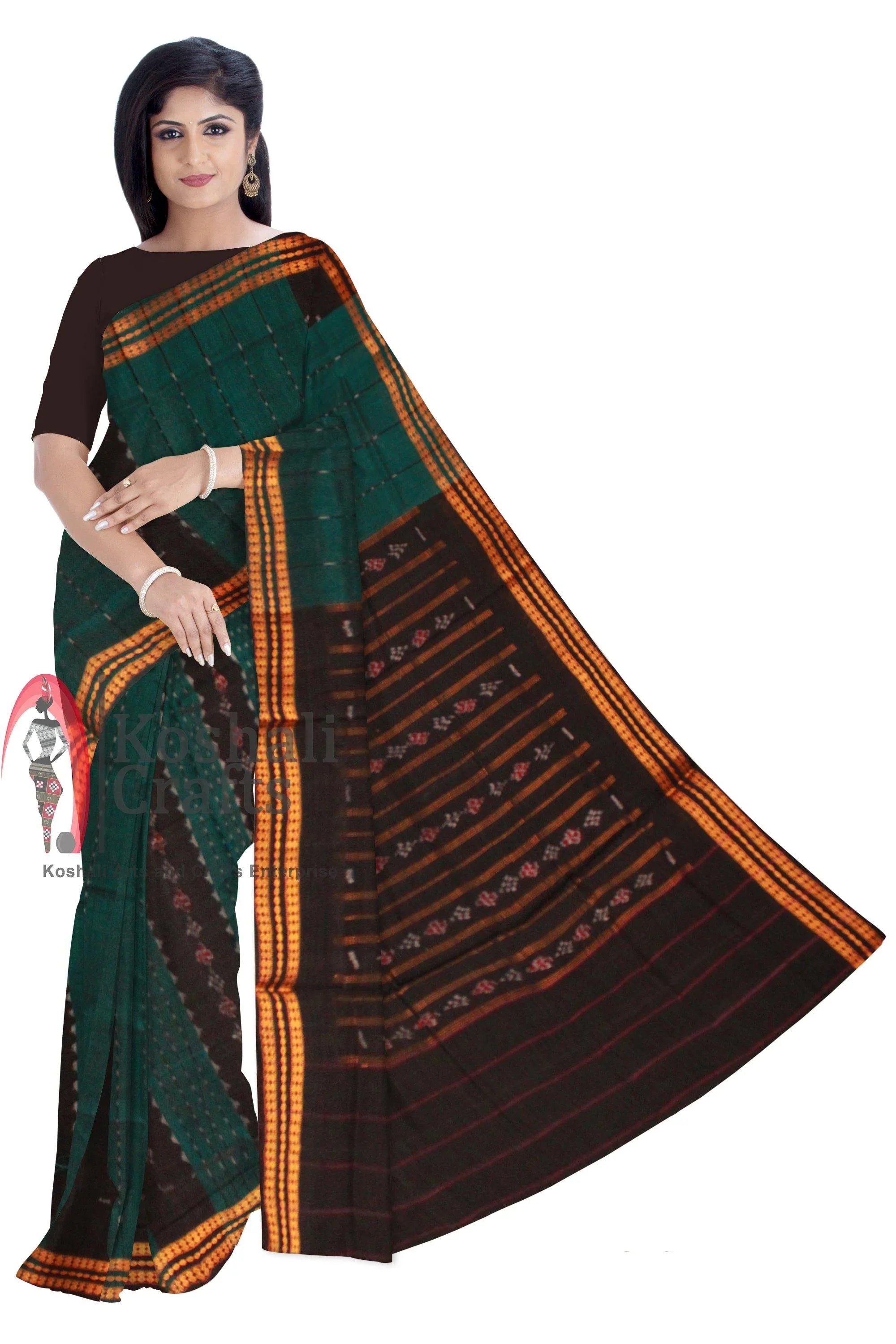 Small Pasapali work Green and black color sambalpuri cotton saree, without Blouse piece. - Koshali Arts & Crafts Enterprise