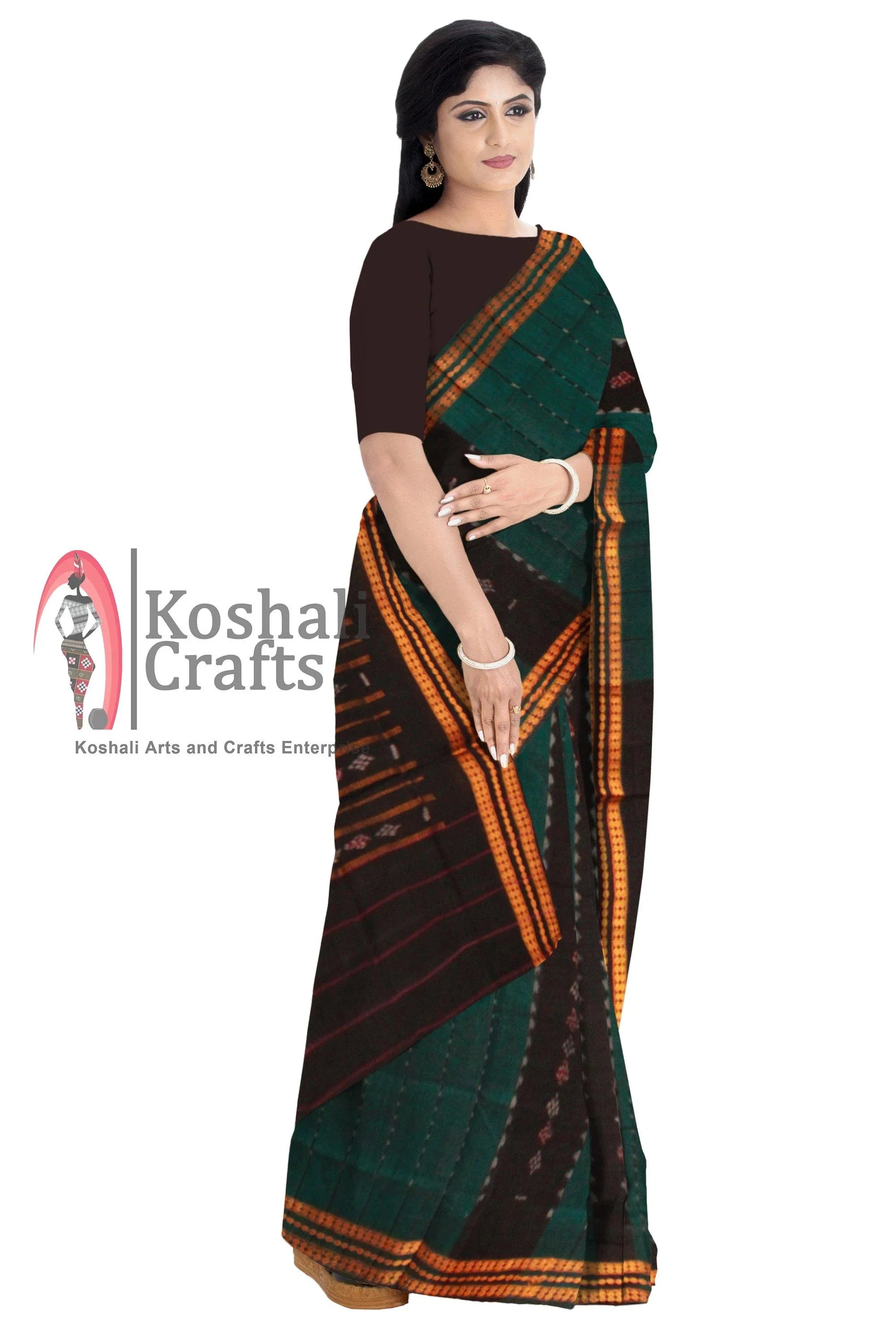 Small Pasapali work Green and black color sambalpuri cotton saree, without Blouse piece. - Koshali Arts & Crafts Enterprise