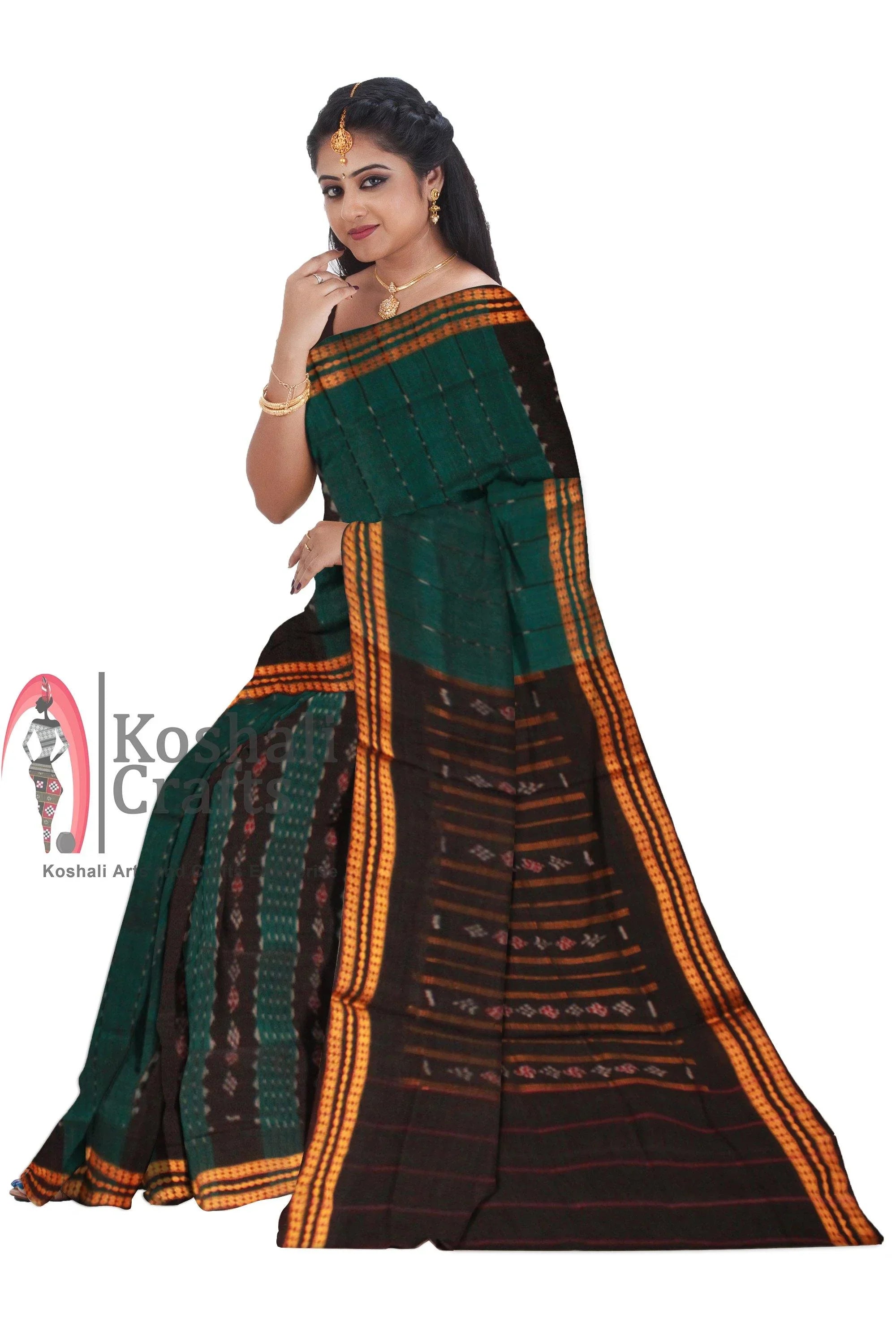 Small Pasapali work Green and black color sambalpuri cotton saree, without Blouse piece. - Koshali Arts & Crafts Enterprise
