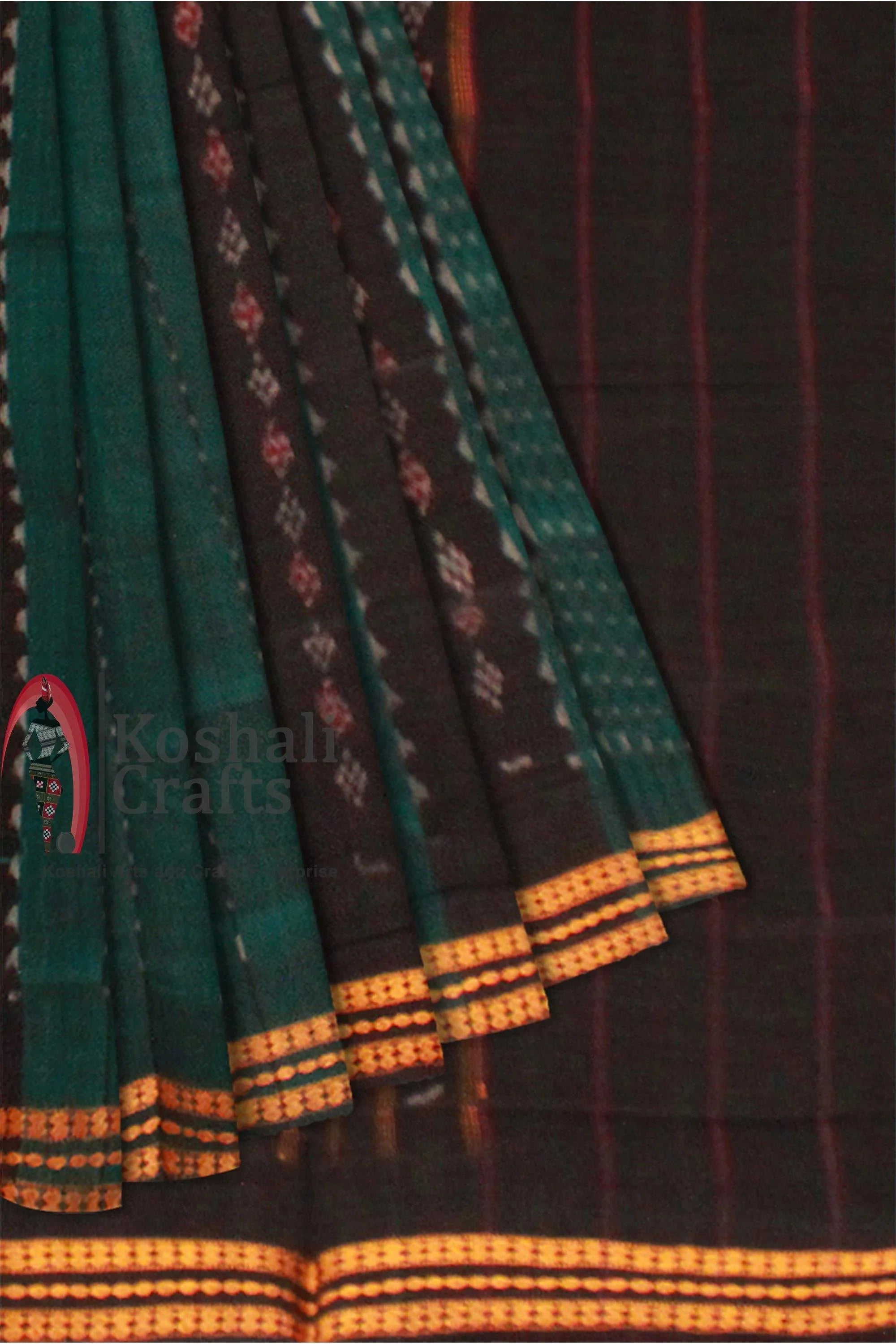 Small Pasapali work Green and black color sambalpuri cotton saree, without Blouse piece. - Koshali Arts & Crafts Enterprise