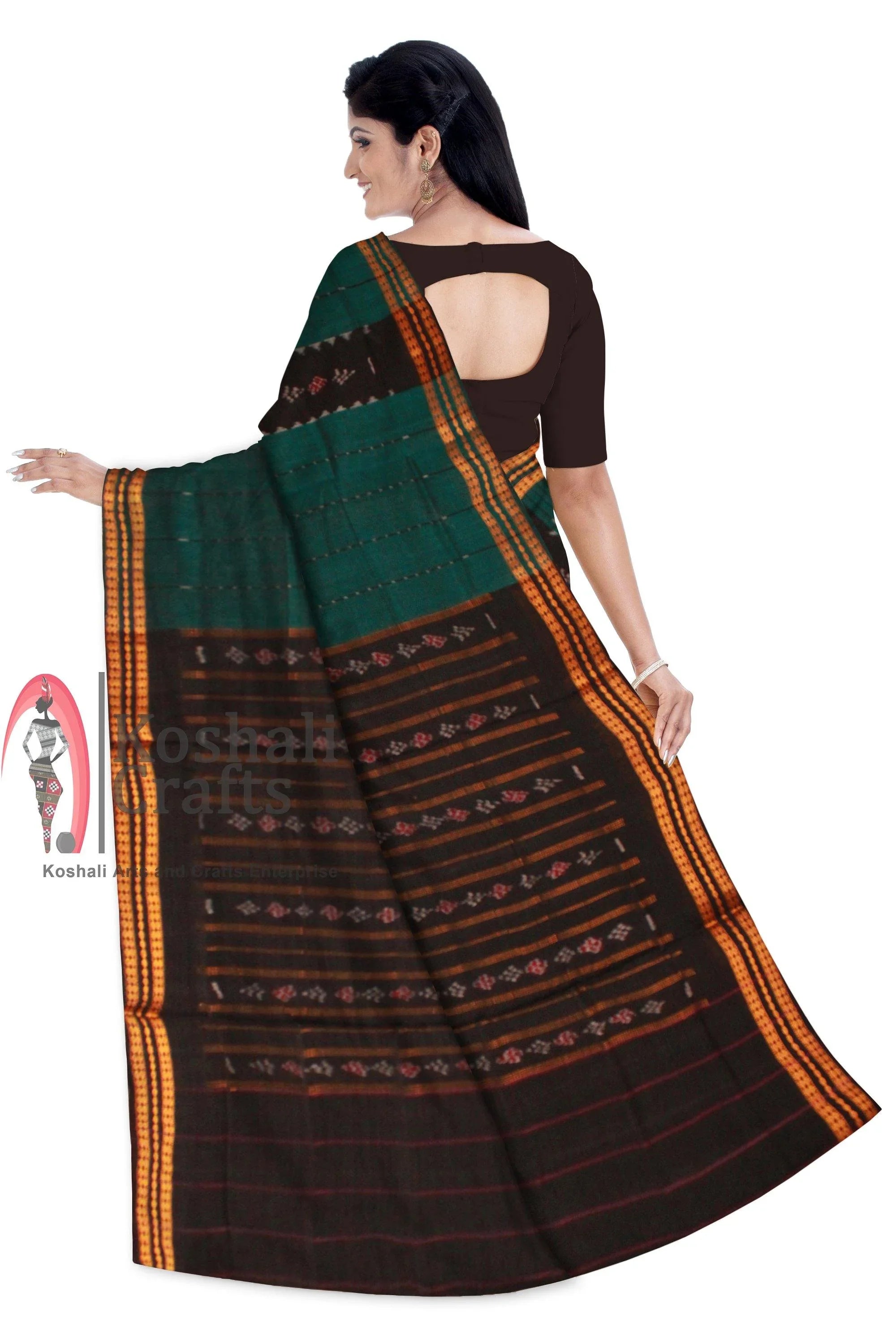 Small Pasapali work Green and black color sambalpuri cotton saree, without Blouse piece. - Koshali Arts & Crafts Enterprise